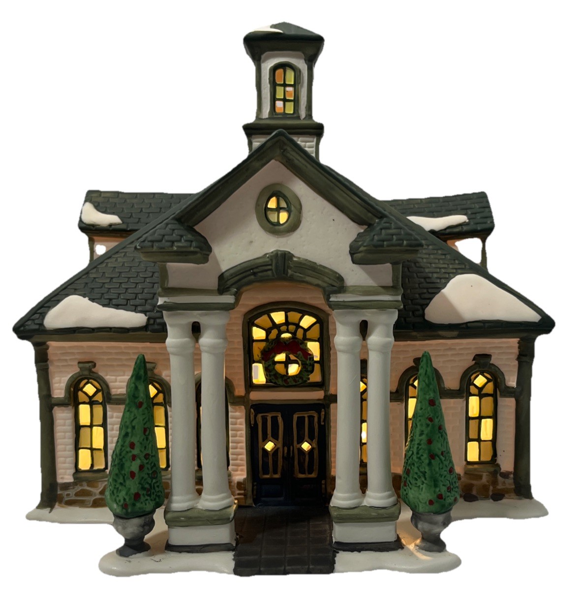 White Green Christmas Village Lighted Manor 9x7x9 Inch