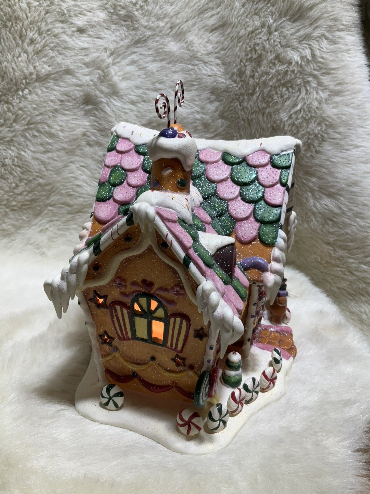 Vintage Hand painted Porcelain Lighted Gingerbread House Christmas Decoration