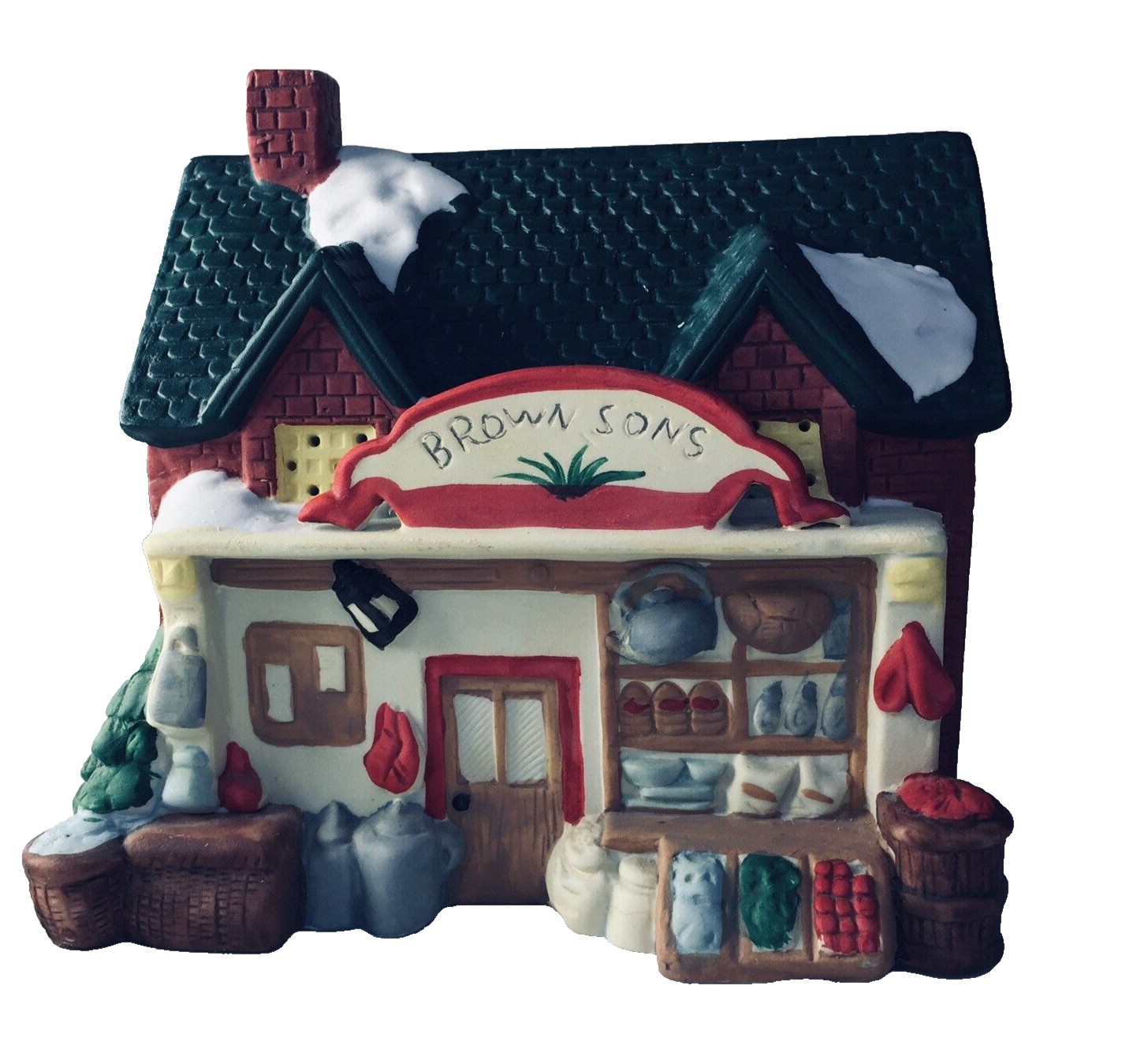 1990 Dickens Rex & Lee Christmas Village Brown Sons Store Grocer Snow Capped