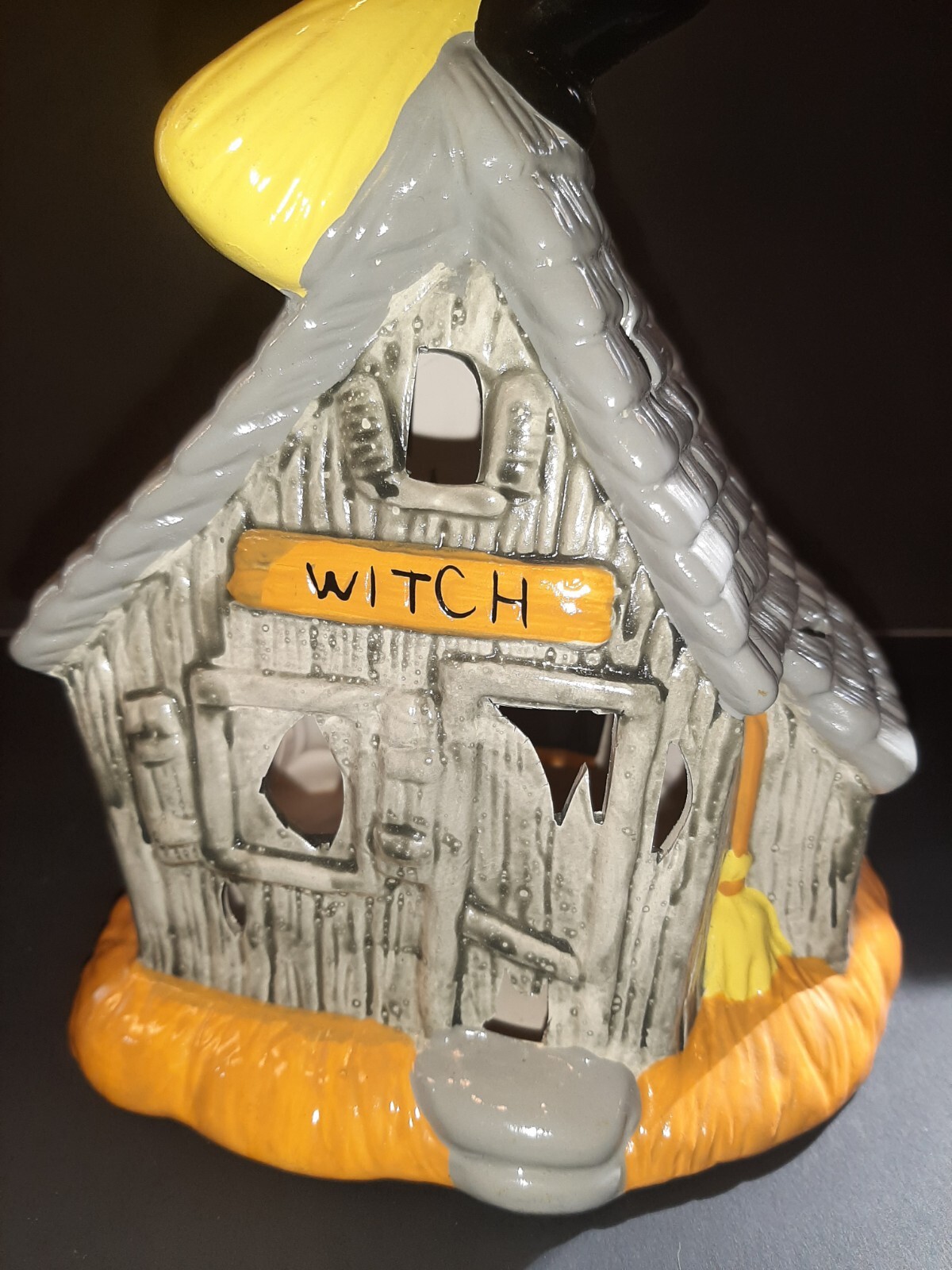 Witch House Halloween Luminary Candle Holder Ceramic Flying Broom Taiwan Vintage