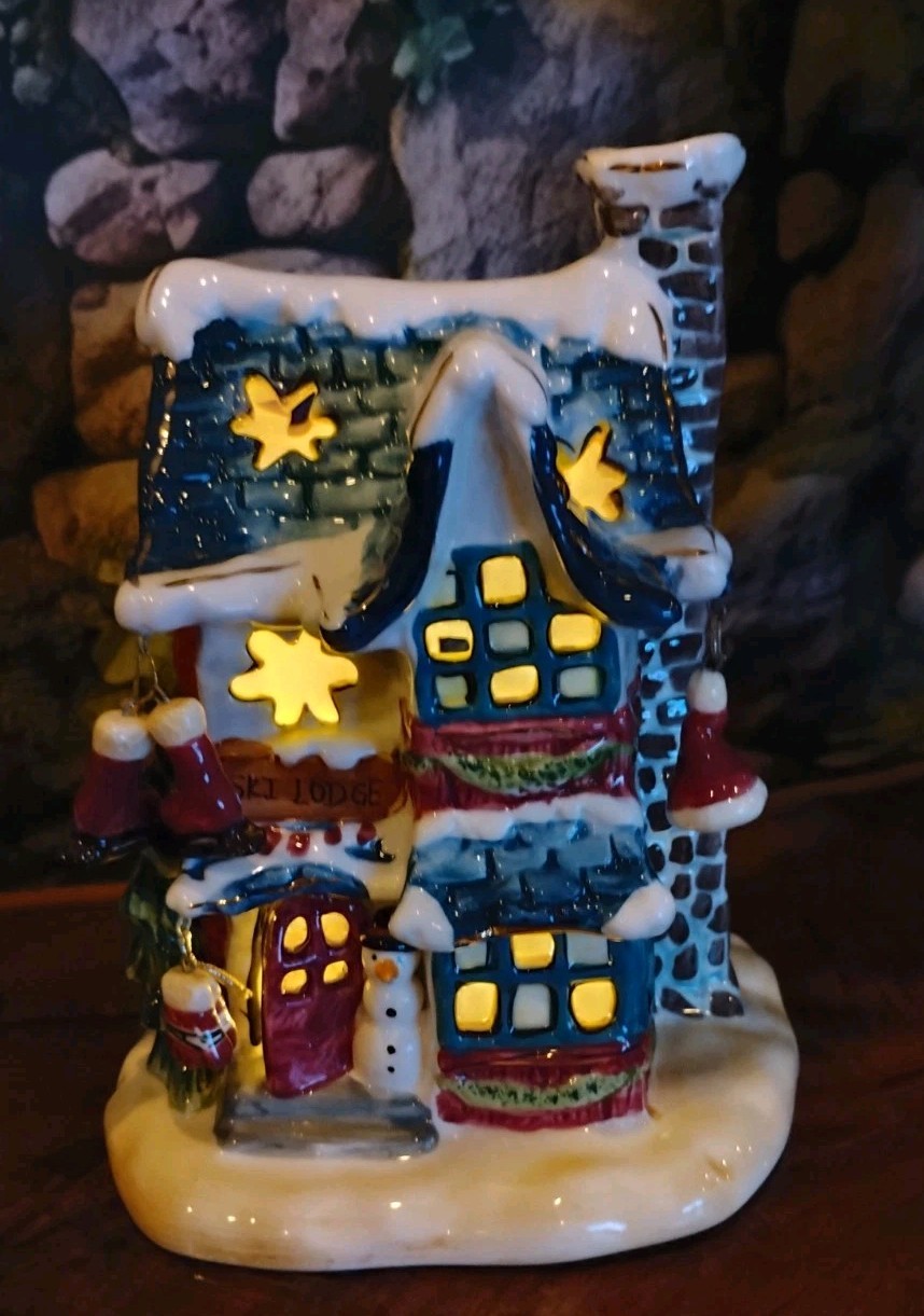 Huntington Hand Painted Ski Lodge Christmas Candle Holder, Very Colorful & Cute