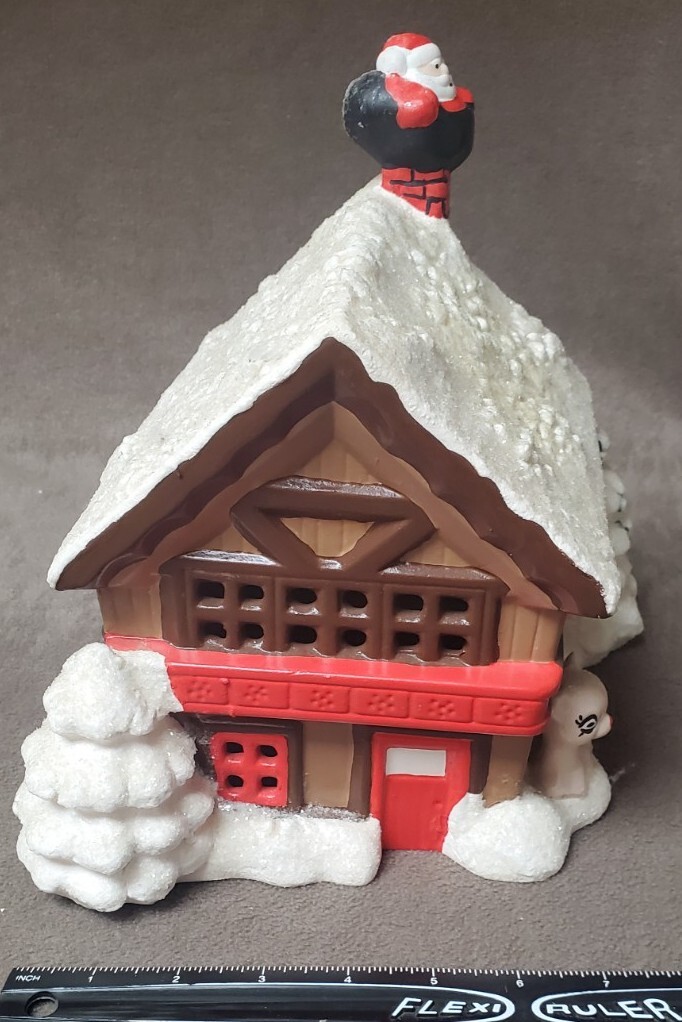Vintage Ceramic Christmas Chalet House Cabin w Santa In Chimney 9.5”x 9” Pegs