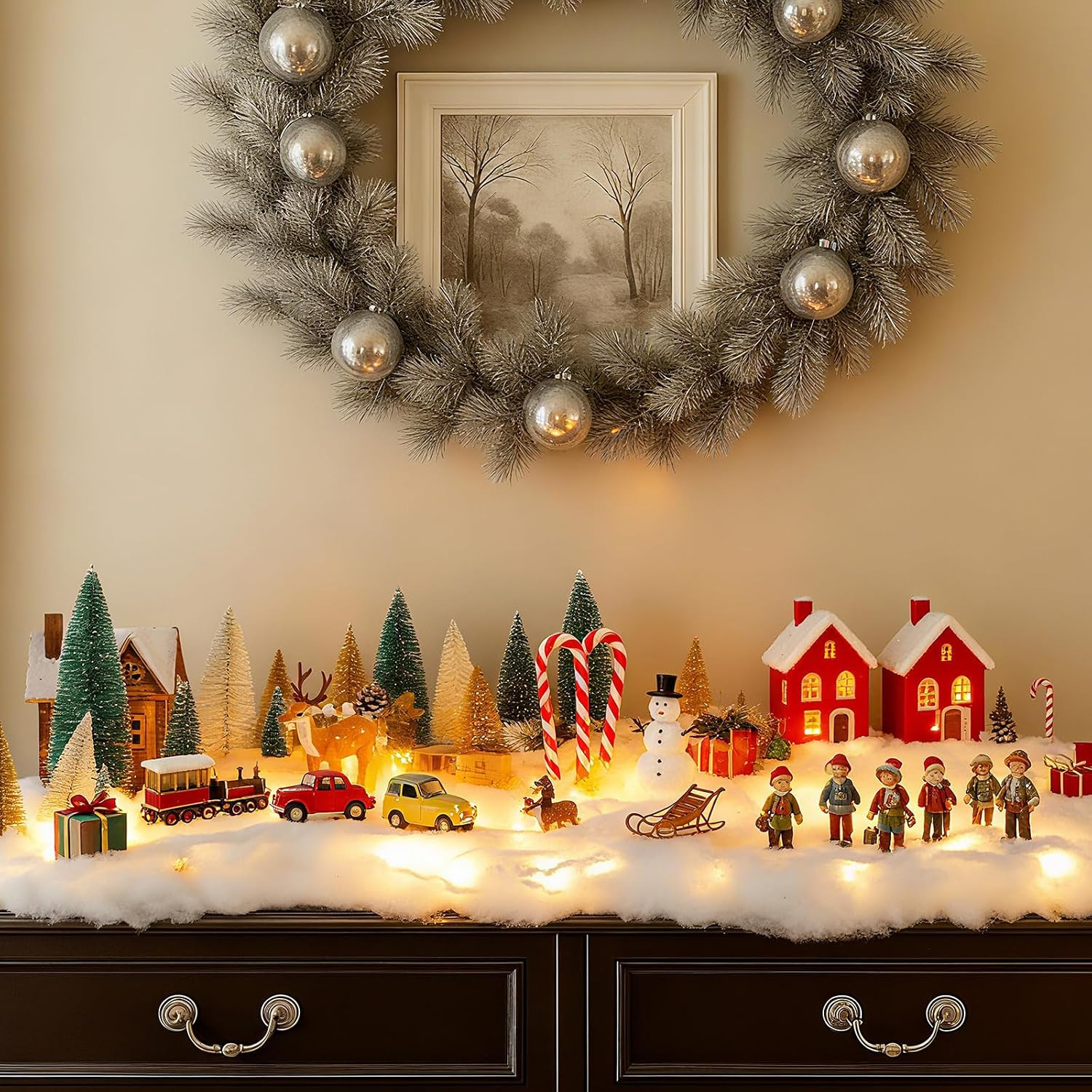 59 Pcs Christmas Village Set with LED Lights & Snow for Festive Decor