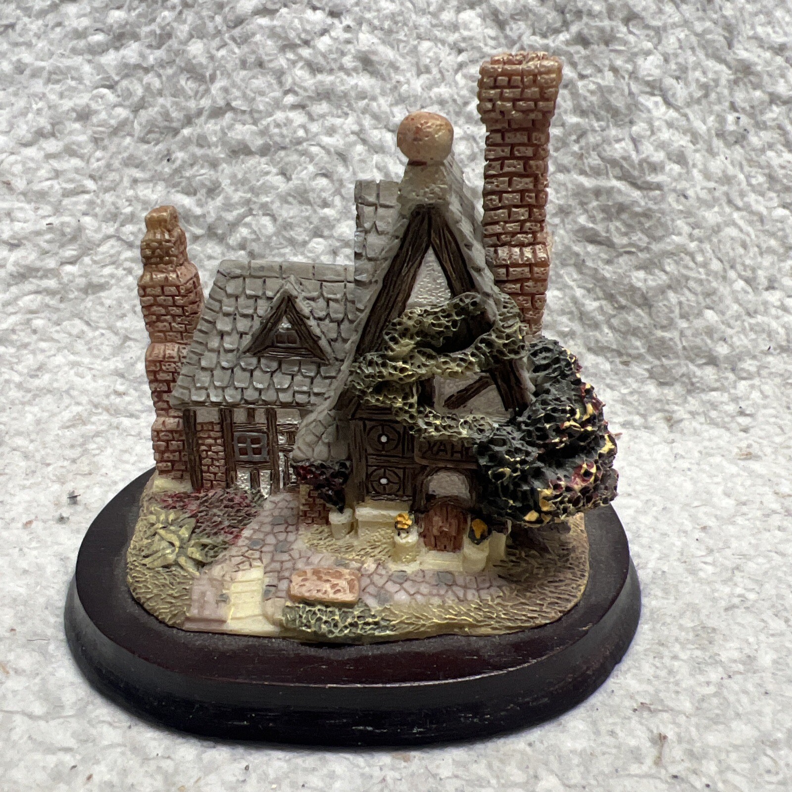 English Tudor Style Cottage House Collectible Resin Figurines Wood Base