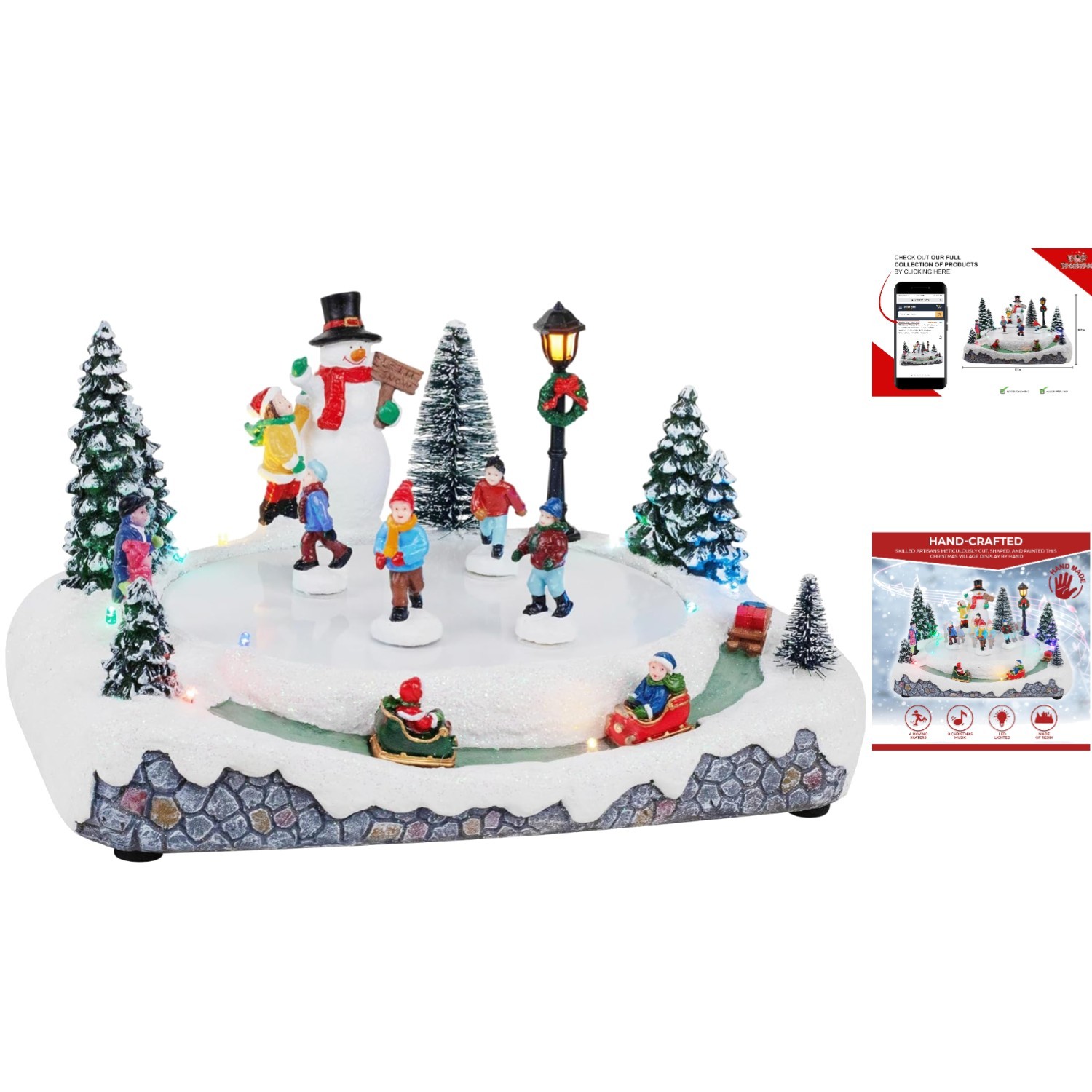 Hand-Painted Christmas Village Skating Pond – Lighted & Musical Holiday Scene