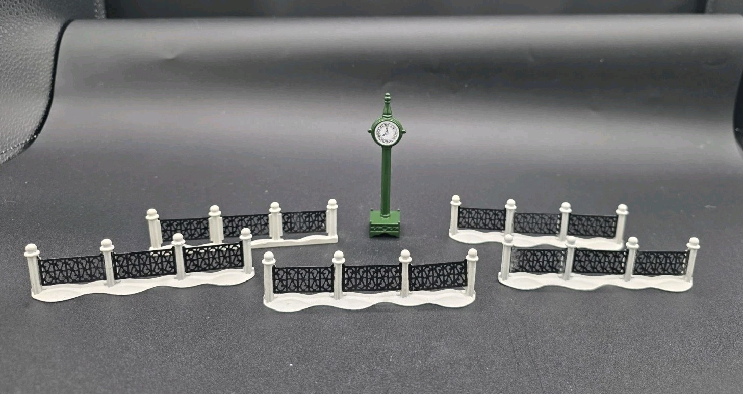 Department 56 White Black Wrought Iron Fence Set of 5 & Metal Green Clock