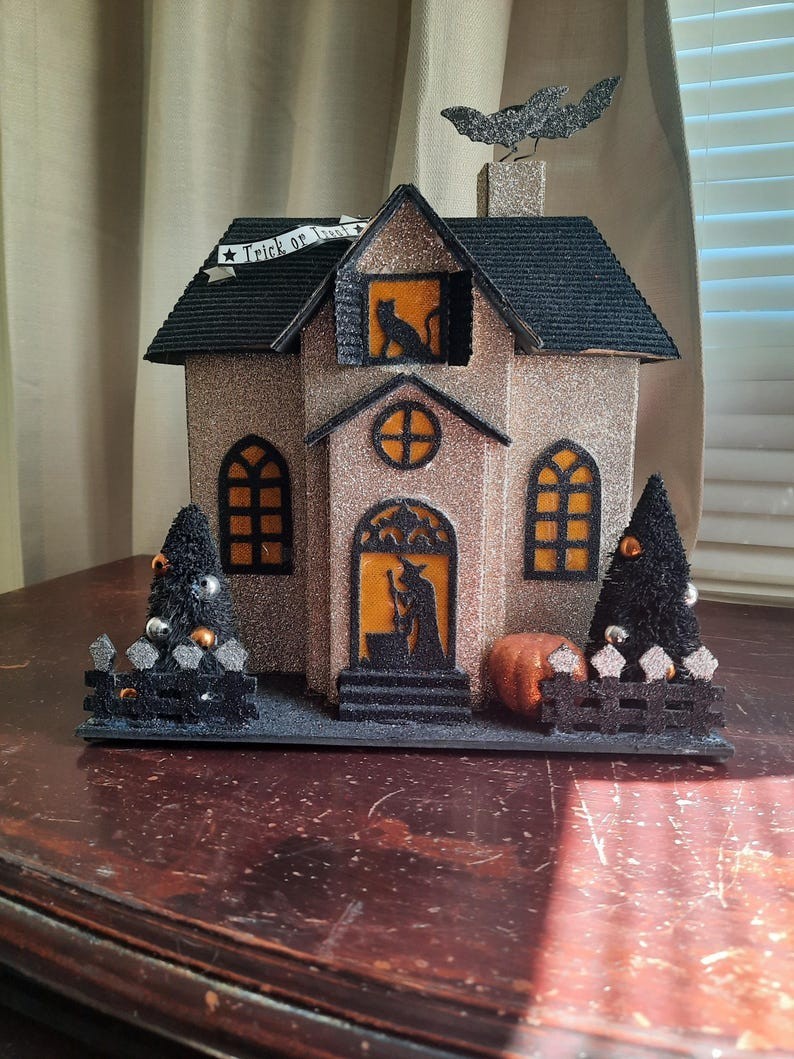 Pier 1 Glitter Putz Style Large Cardboard Halloween Light Up Spooky House