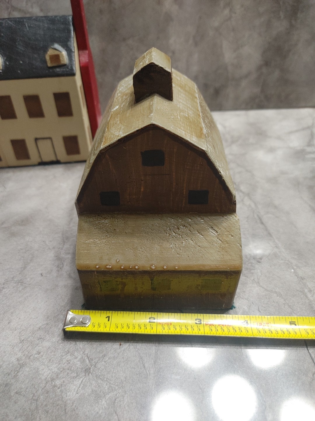 Primitive Folk Art Wood Block Village Houses Set Of 7 Handmade Painted Buildings