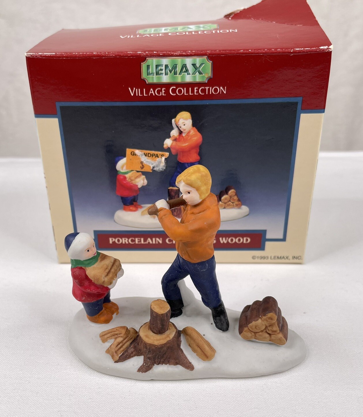 Vintage 1993 Lemax Porcelain Chopping Wood #33071 Boy Child Man Share the Joy