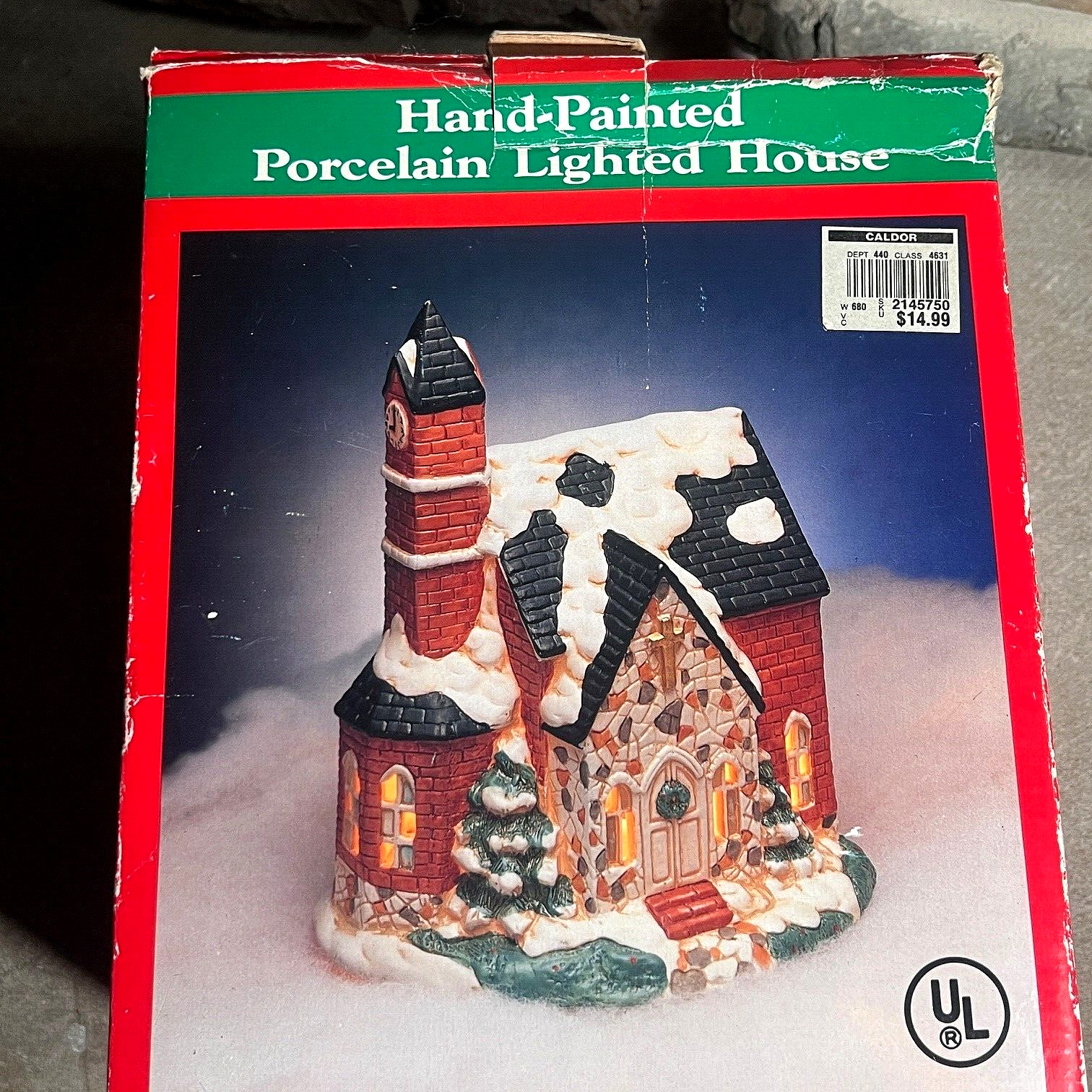Vtg Caldor Christmas Porcelain Light Up Village Church, Clip In Cord in Box 1991