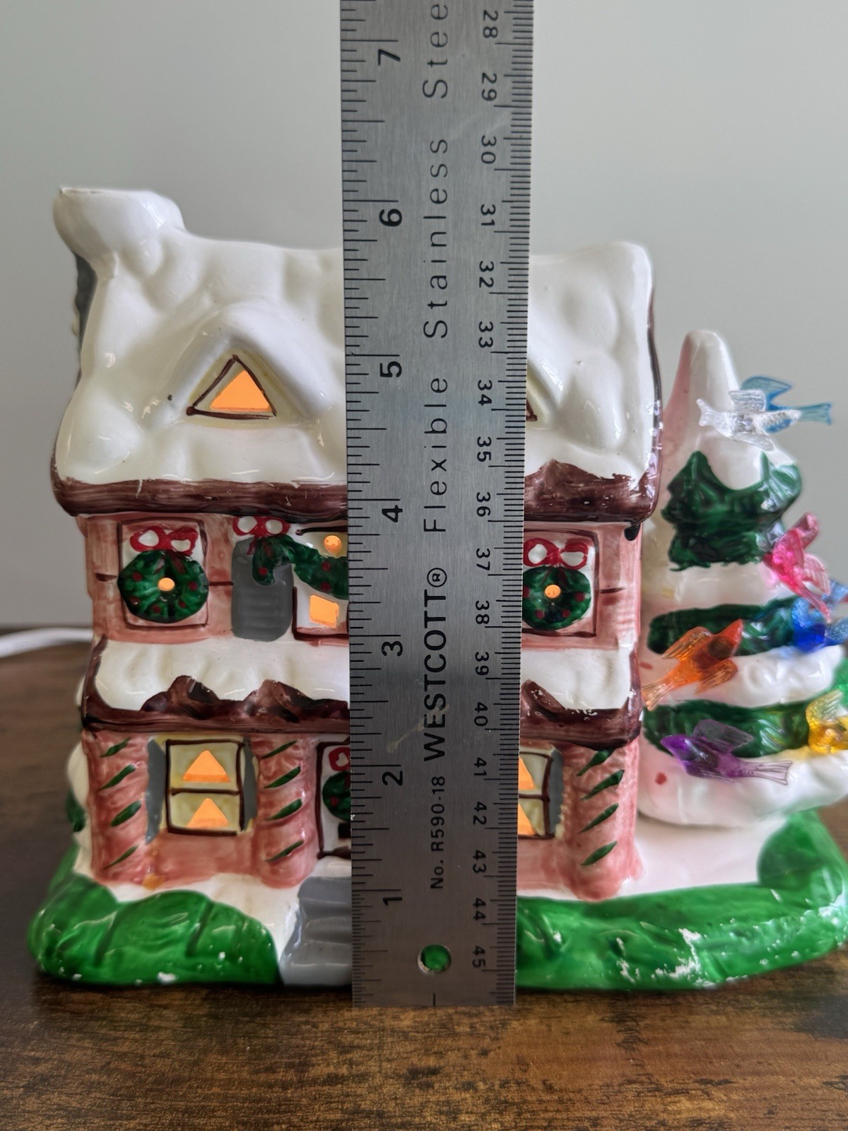 VTG Ceramic Christmas House Light Up w Tree Bird Lights Retro Decor Hand Painted