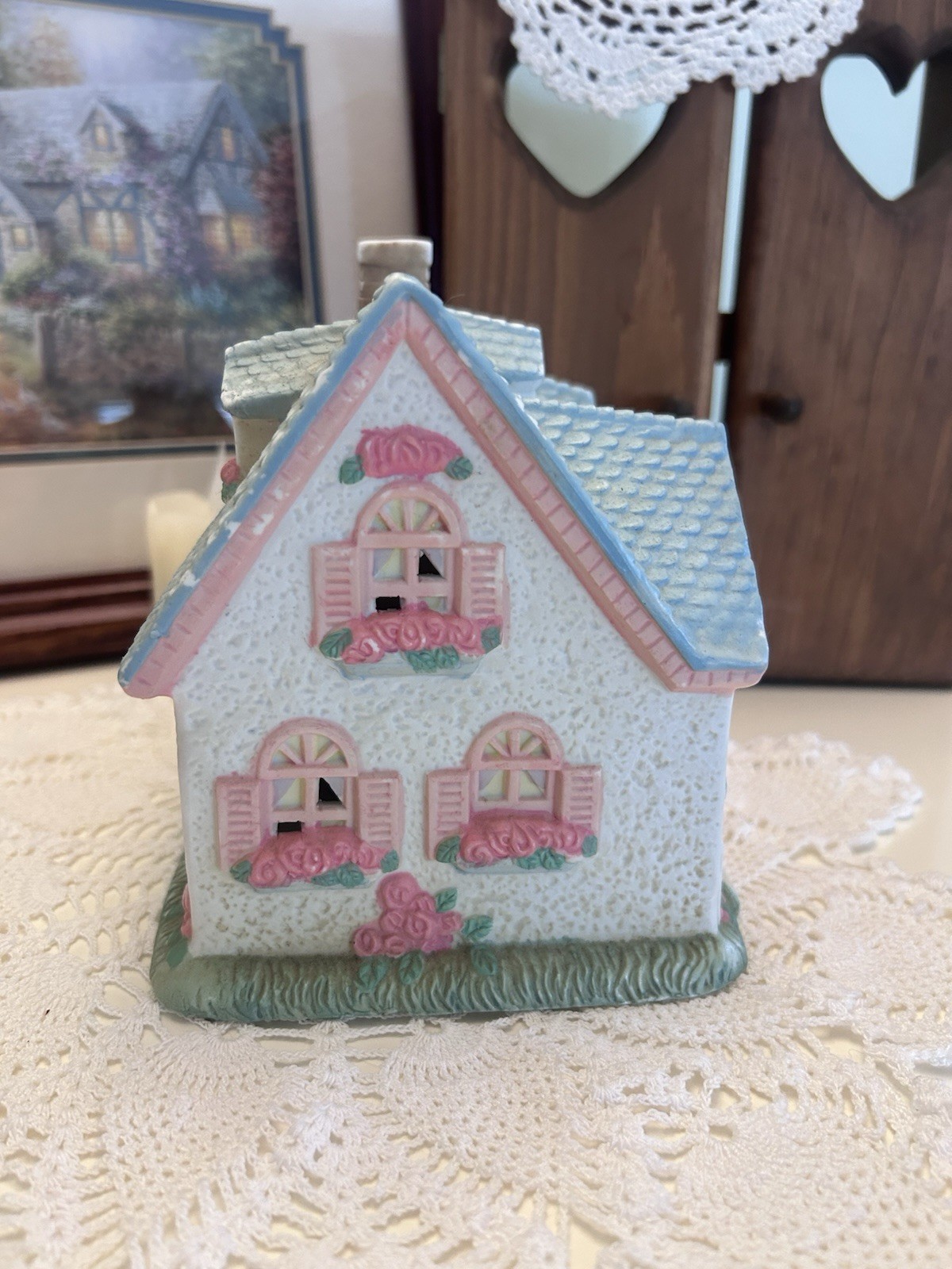 Midwest Importers 1991 Ceramic Cottage House Figurine White Blue Pink