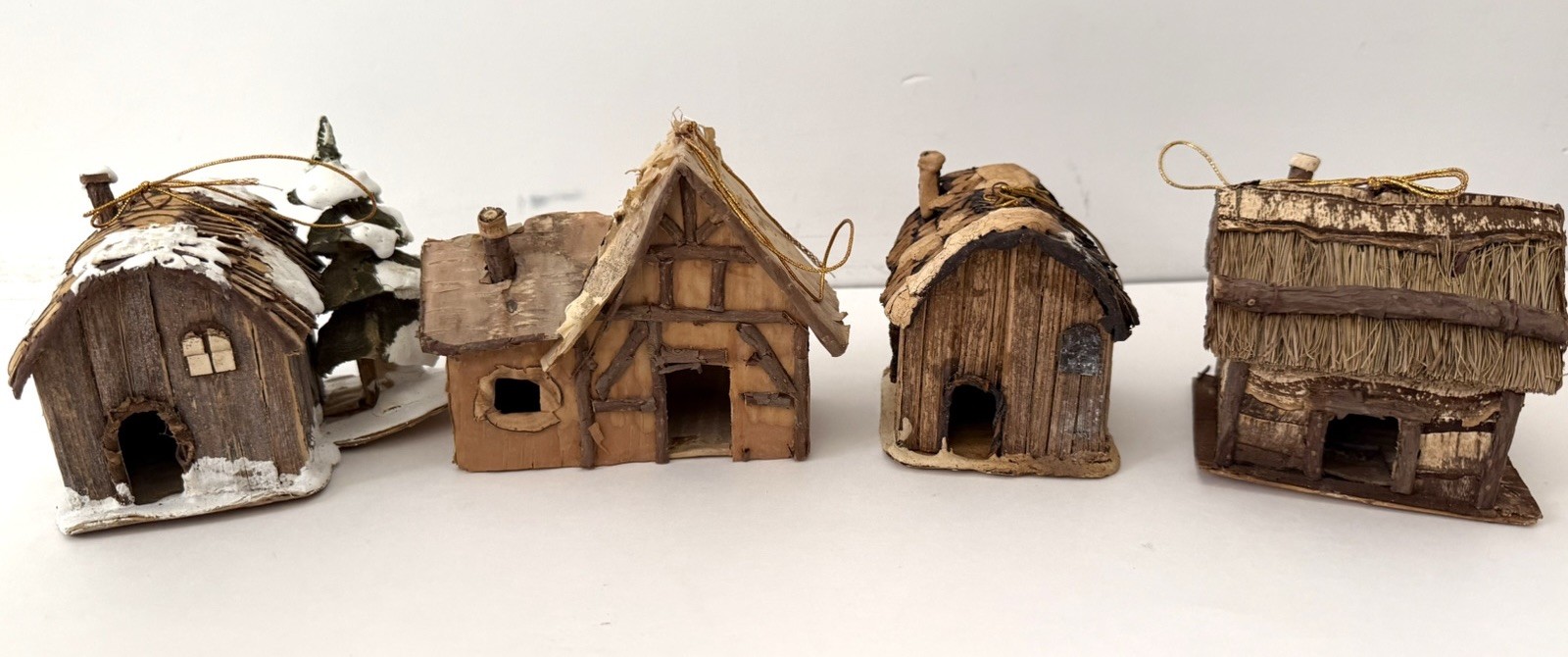 Vintage Miniature Folk Art Cabin Houses Ornaments, Bark, Wood, Straw, Lot Of 4