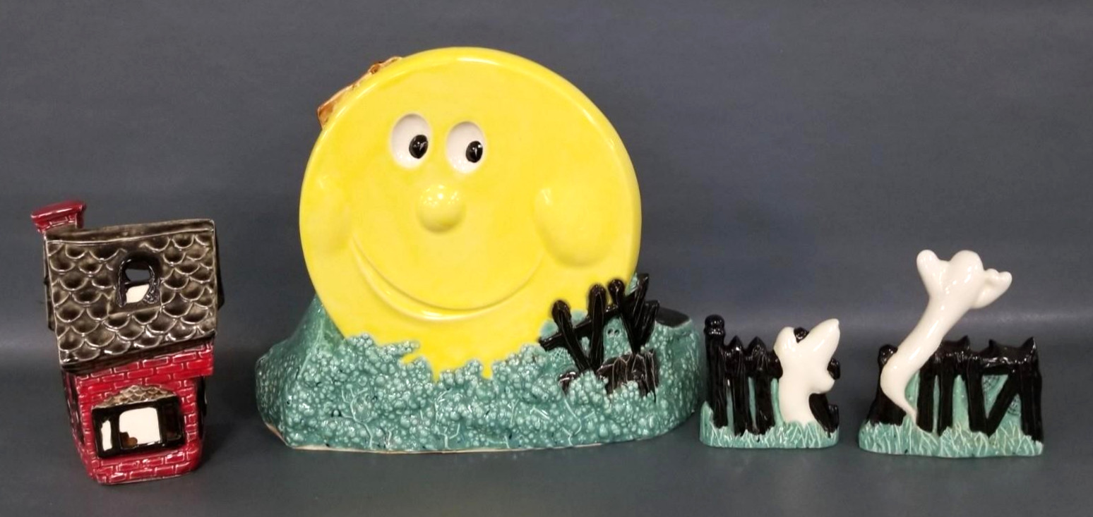 Vintage 4 Pc Ceramic Haunted House Set with Smiling Full Moon Handpainted