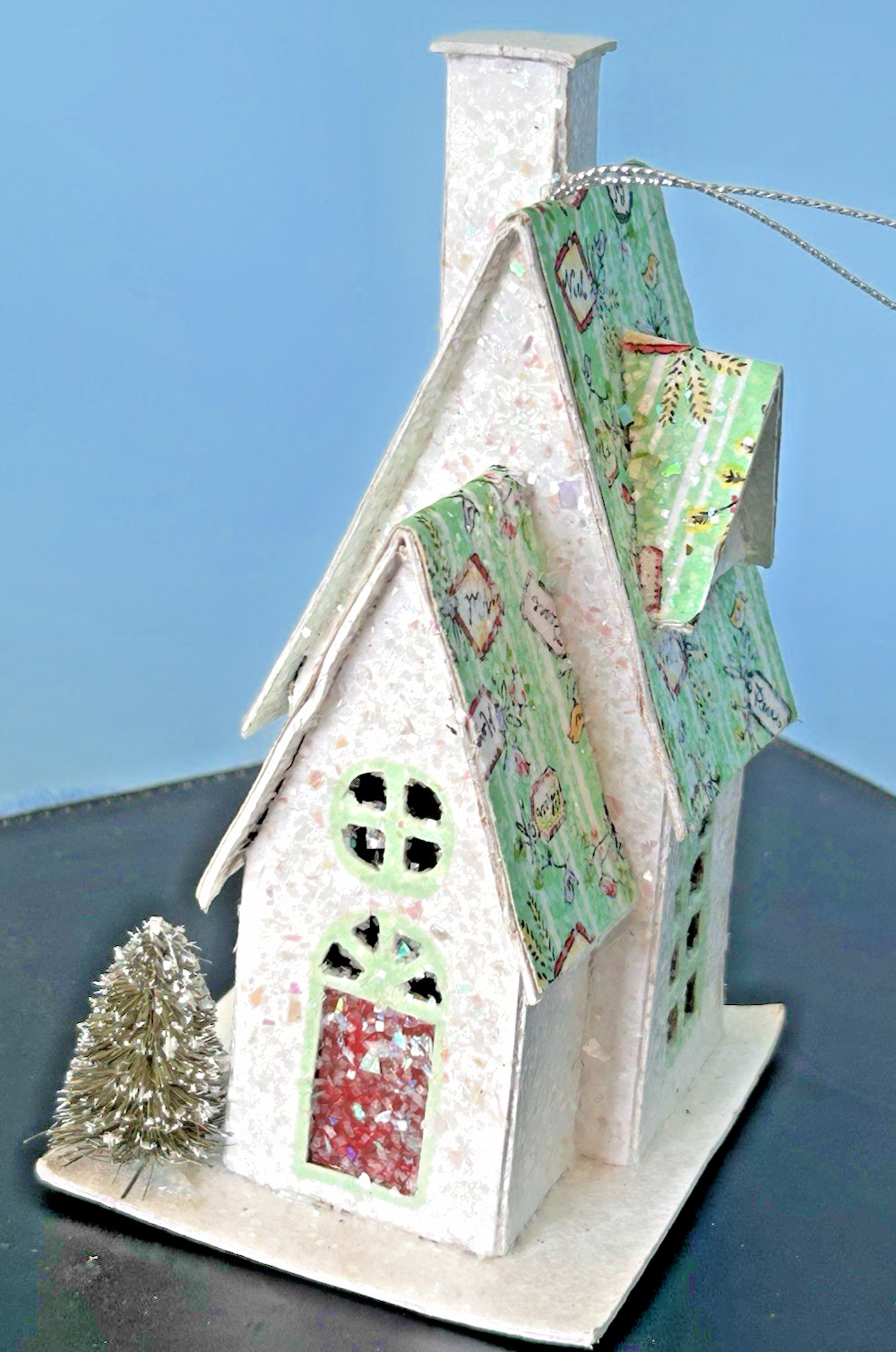 VINTAGE GLITTER CHRISTMAS VILLAGE HOUSE “PUTZ STYLE” 6″ CARDBOARD ORNAMENT