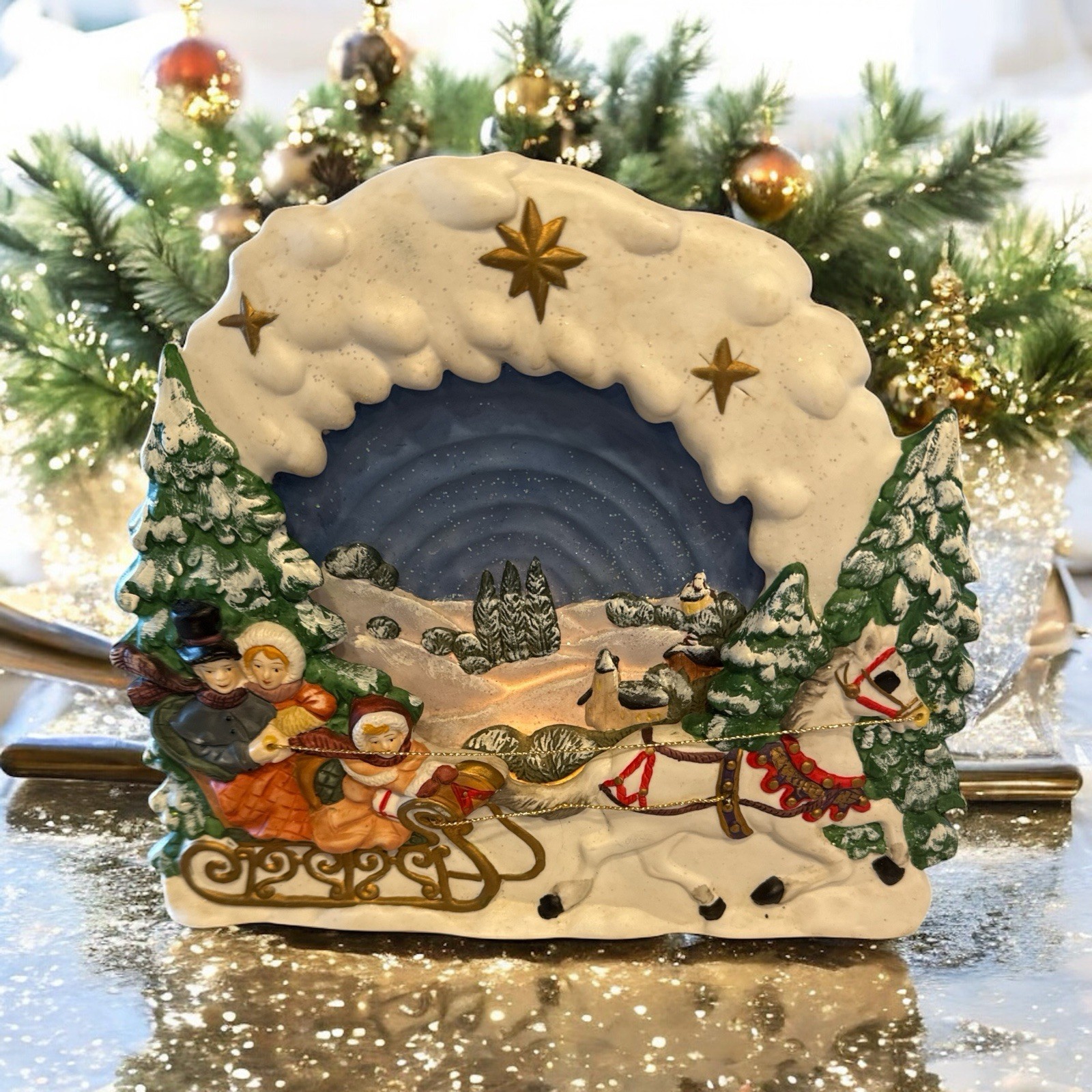 Christmas Light Up Sleigh Scene with Victorian Family Horse Drawn