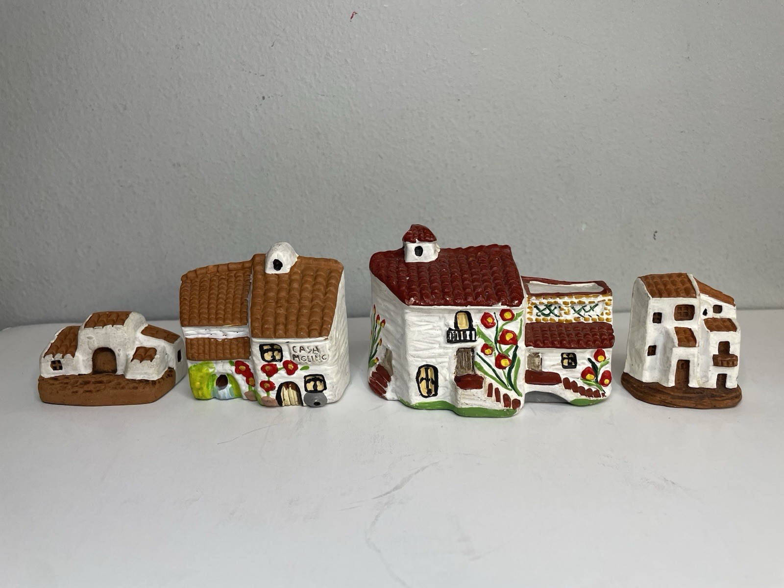 Set Of 4 Spanish Terracotta Miniature Hand Painted Pottery Buildings/Houses