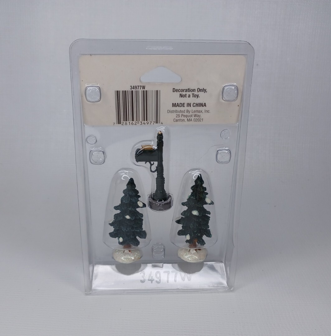 2003 Lemax 34977W Village Collection Mailbox & Two Trees Christmas Glitter