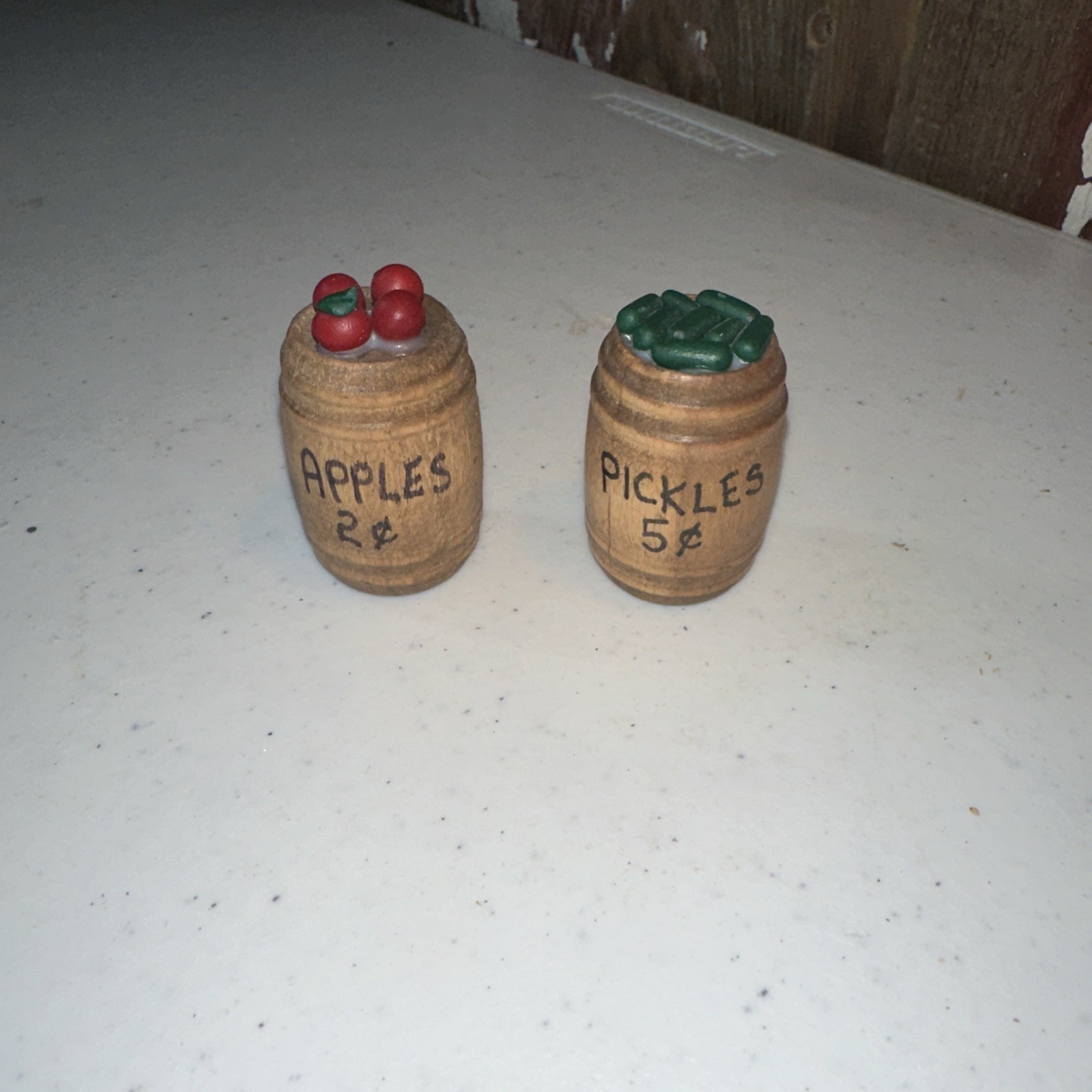 Vintage Christmas Village Accessories. Wood Barrels Advertising Apples + Pickles