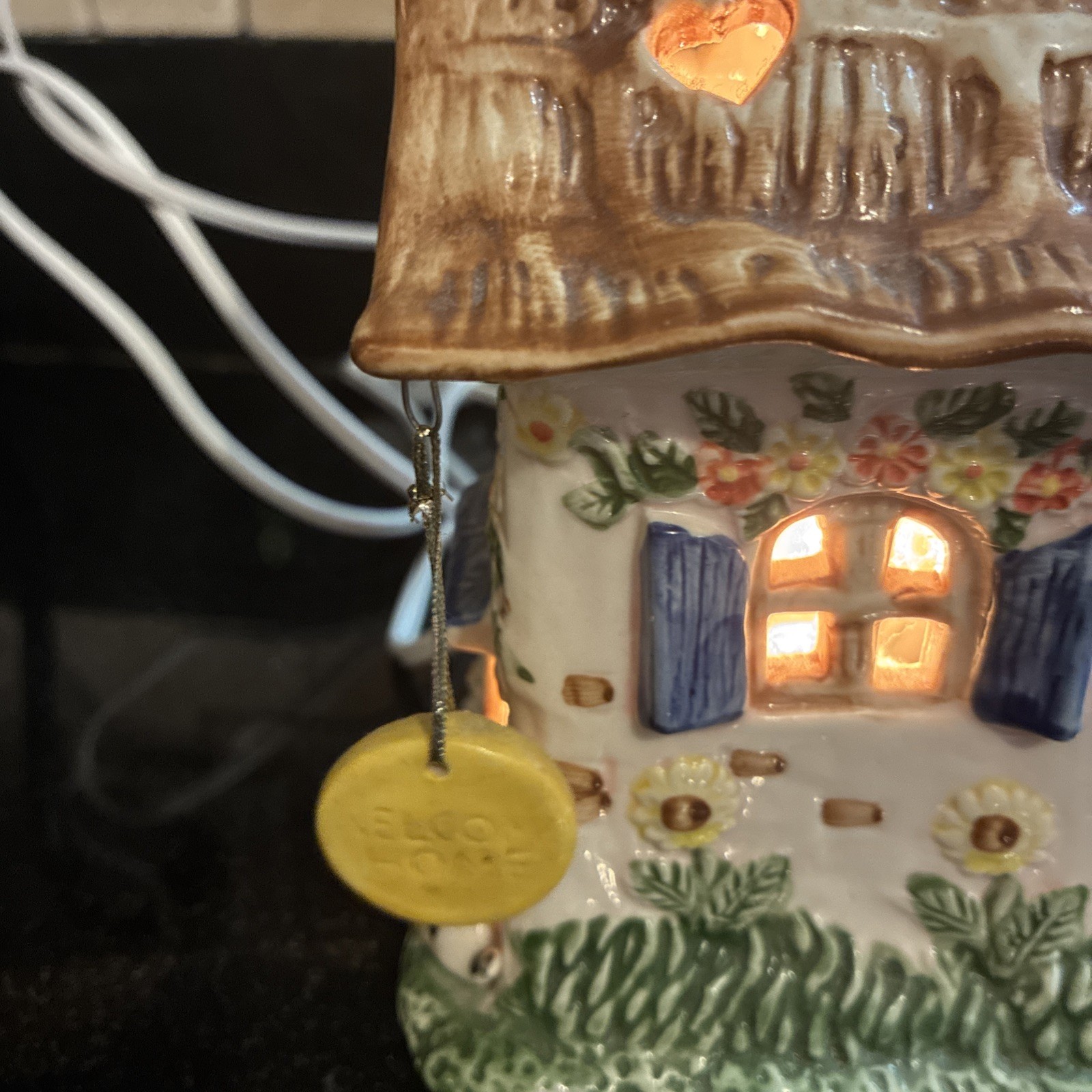Vintage Whimsical Lighted Fairy Cottage House Bird Cat Flowers Cottagecore