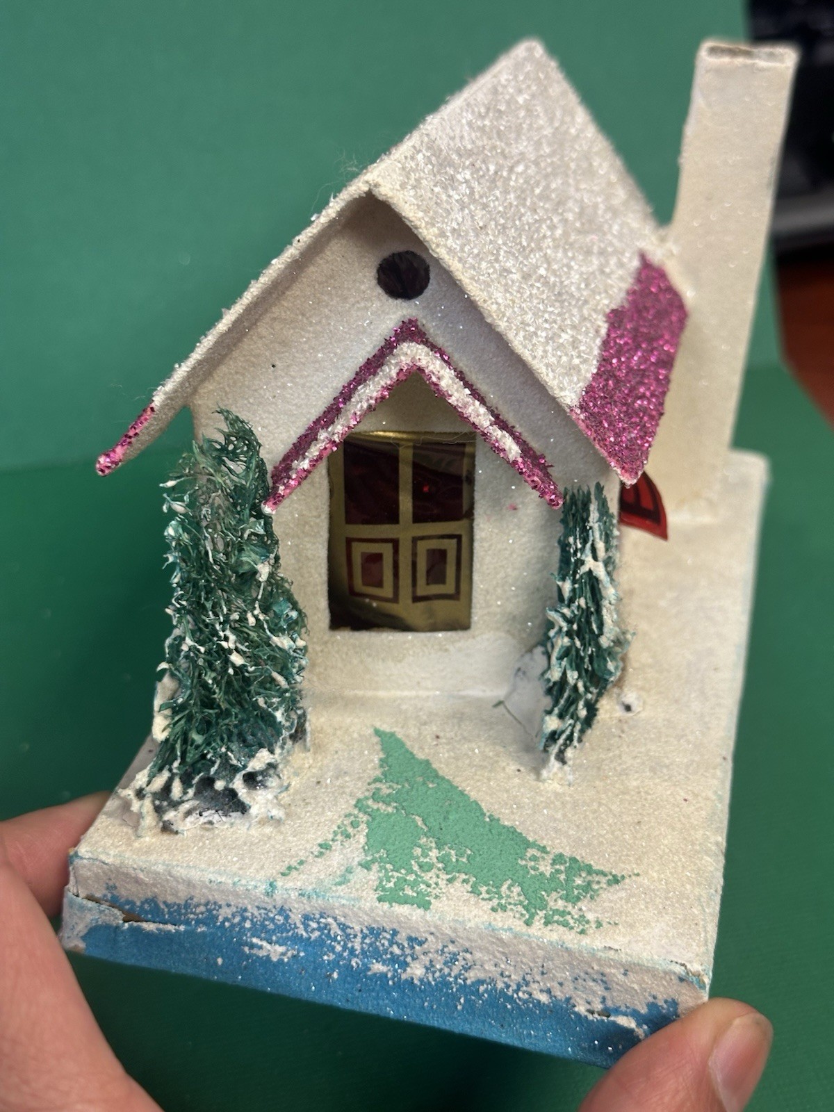 Vintage Medium Christmas Putz Village House Japan Mica Pink Blue