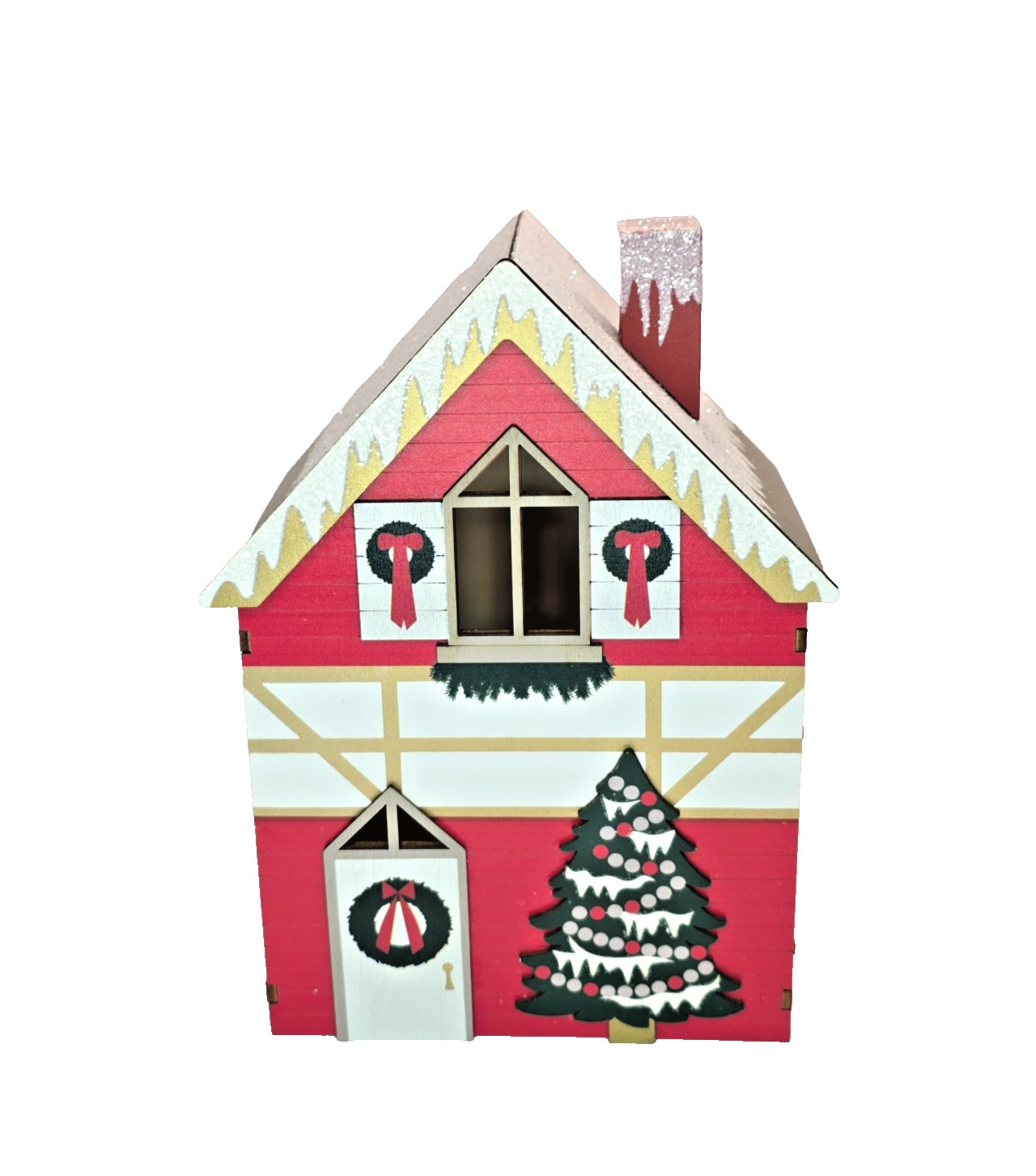 Christmas Village Houses Set Of 4 Wooden Nesting Glitter Decor BNIB Holiday