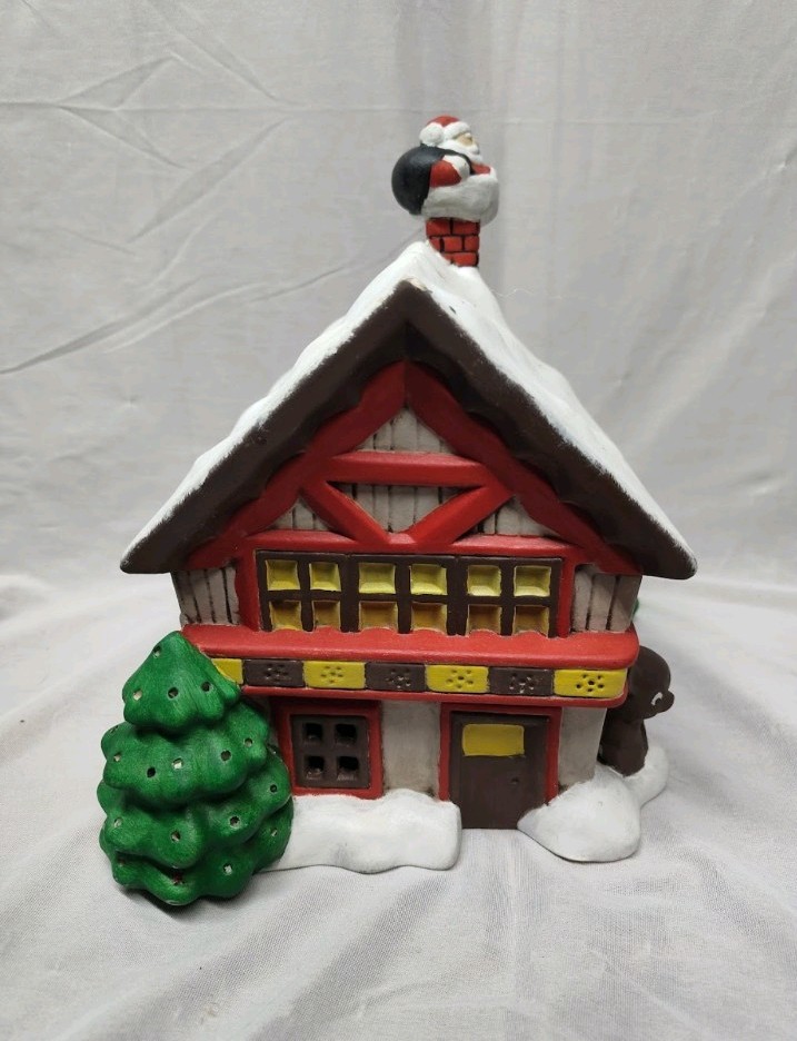 Vintage Ceramic Christmas Chalet House Cabin w Santa In Chimney 9.5”x 9”