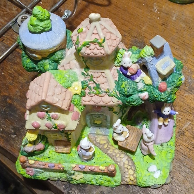 Hand Painted Ceramic & Porcelain Rabbit Village House Figurine, Multicolor