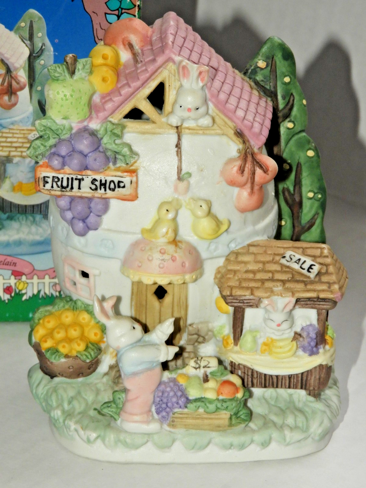 Easter Bunny Towne Village Fruit Shop Egg House Rabbit Painted Porcelain 5″