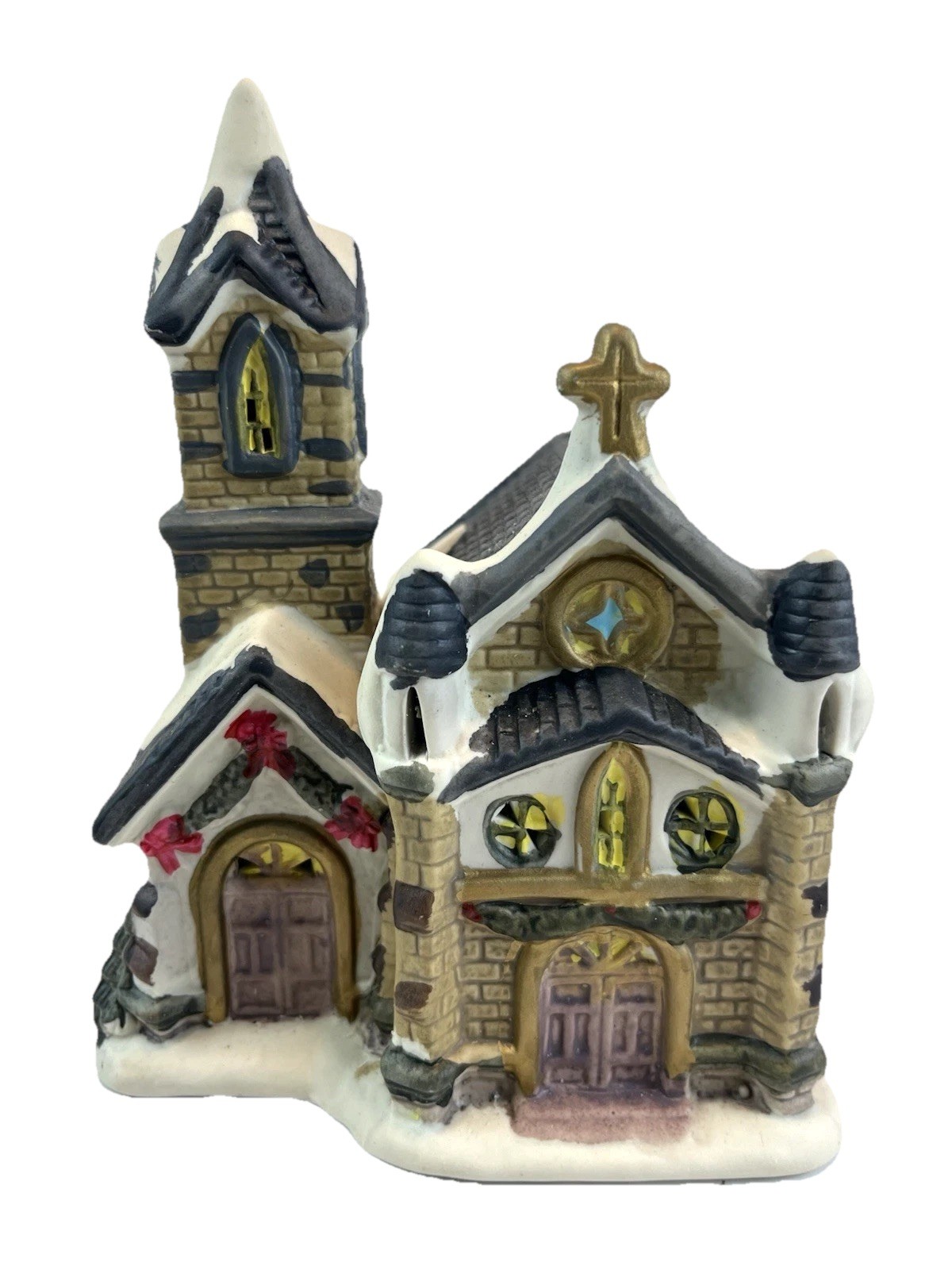 Christmas Village Church Building 5″ Wide Cross Snow Unbranded