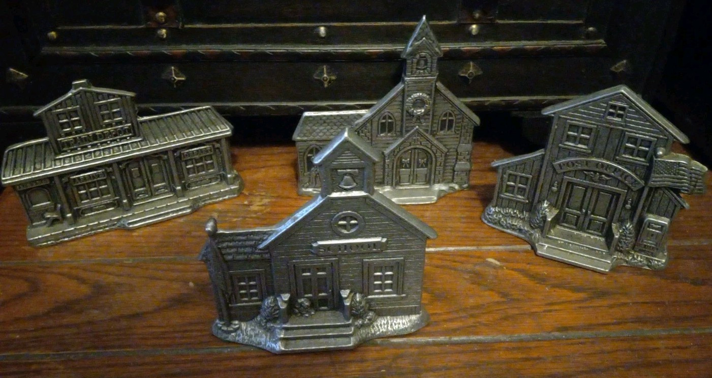 Set of 4 Carson Pewter Christmas houses, Reversible, Church,Train Depot,school