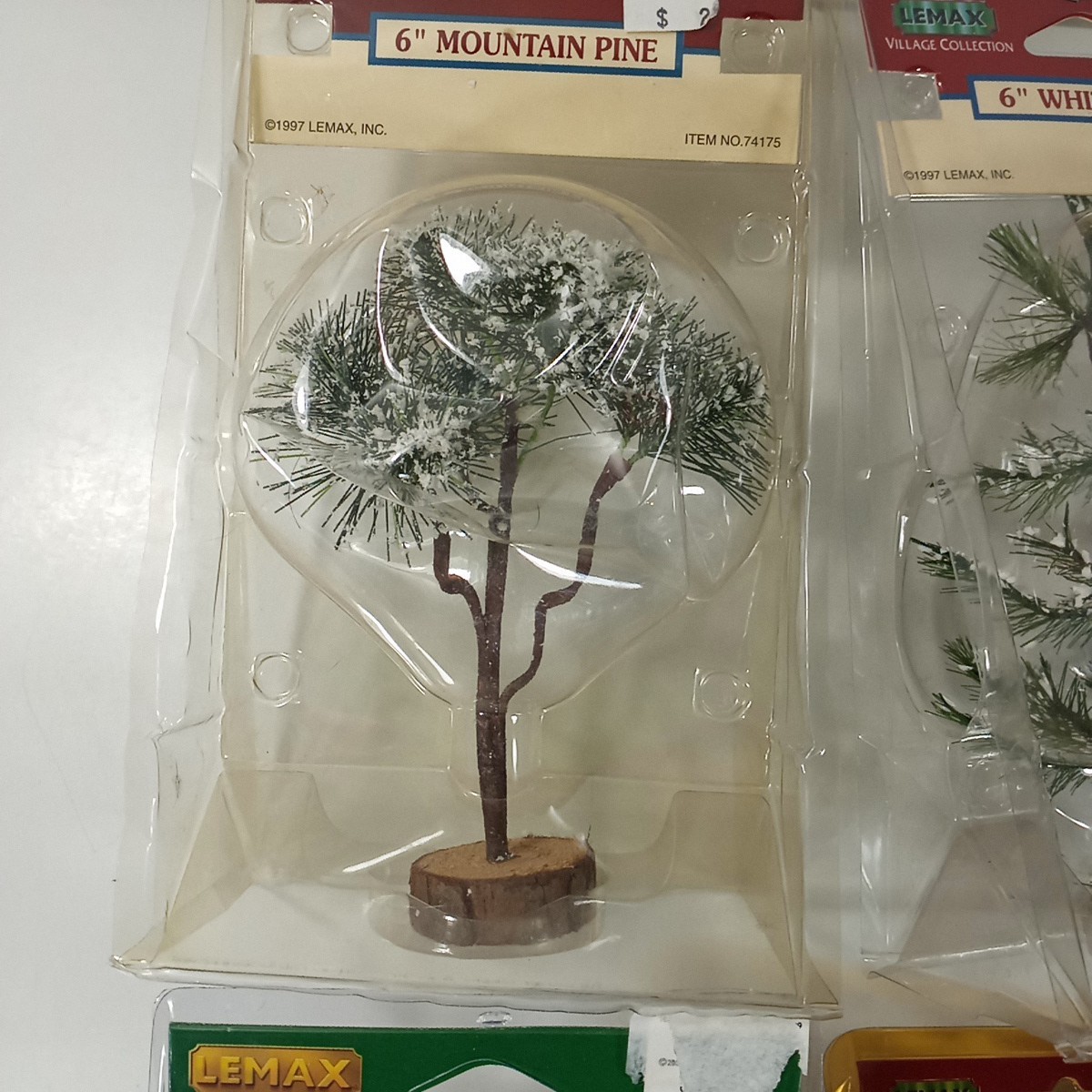 1997 Lot of 4 LEMAX Medium 6″ Snow Flocked White Pine Tree & Arbor 74173 & 74175