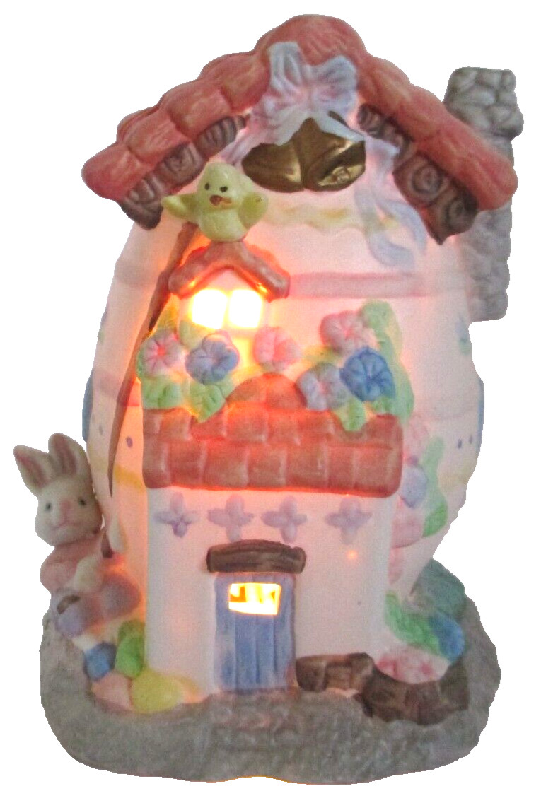 Easter Bunny Village Figurine Cottontale Cottages Lighted Cottage House 5 1/2″ T