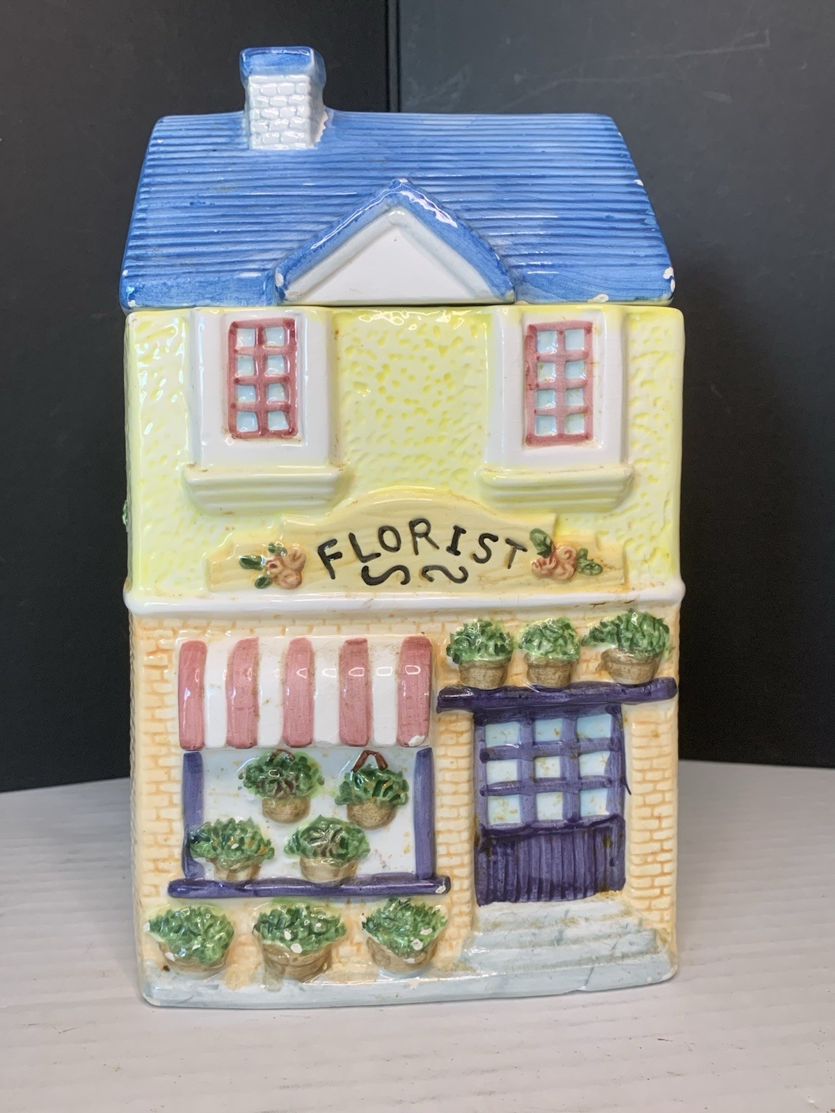 Ceramic Painted Village Florist House cookie jar, Multicolor, 10 in