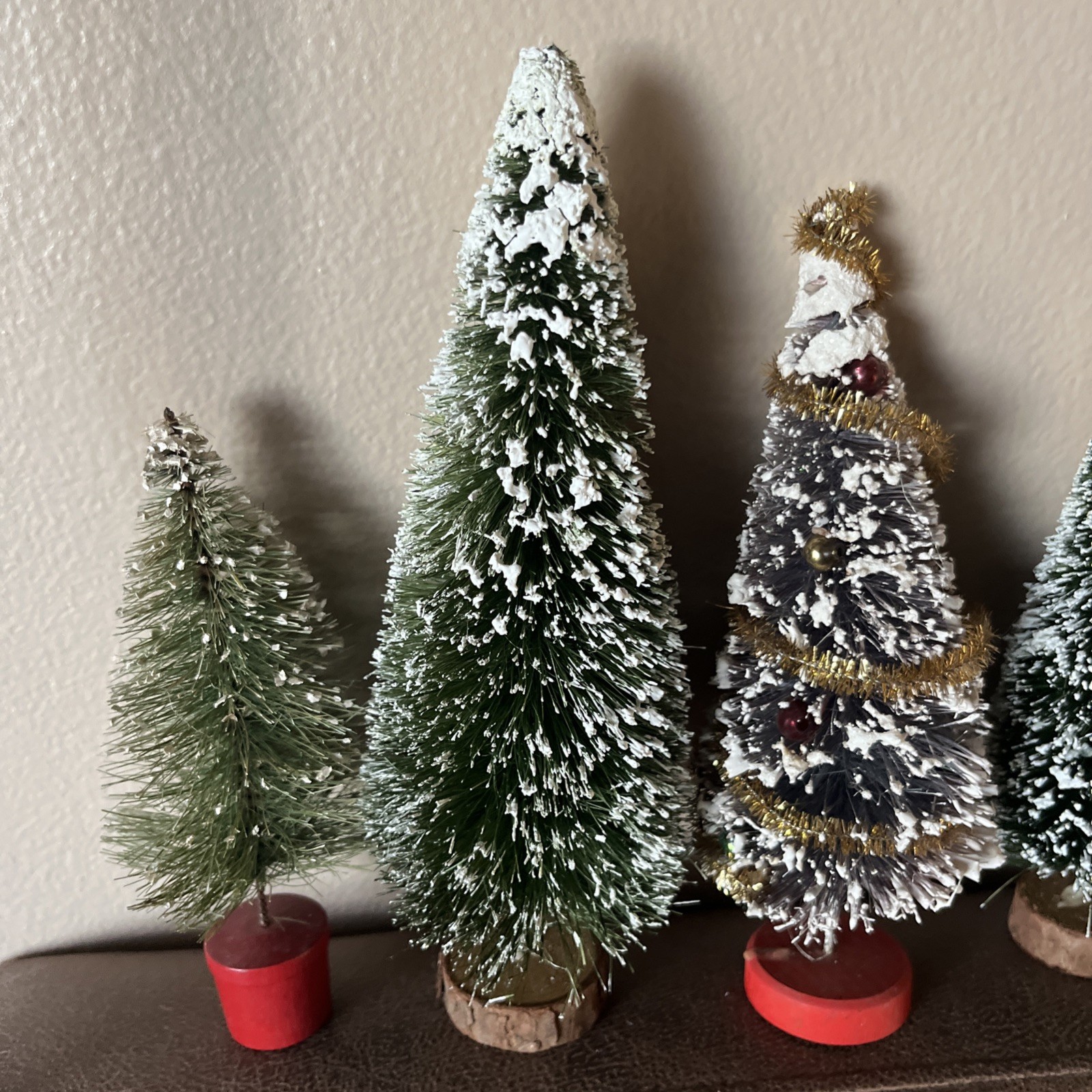 Six Vintage Taiwan Bristle Brush Snow Pine Tree Lot Of Trees 5”-9.5” Christmas