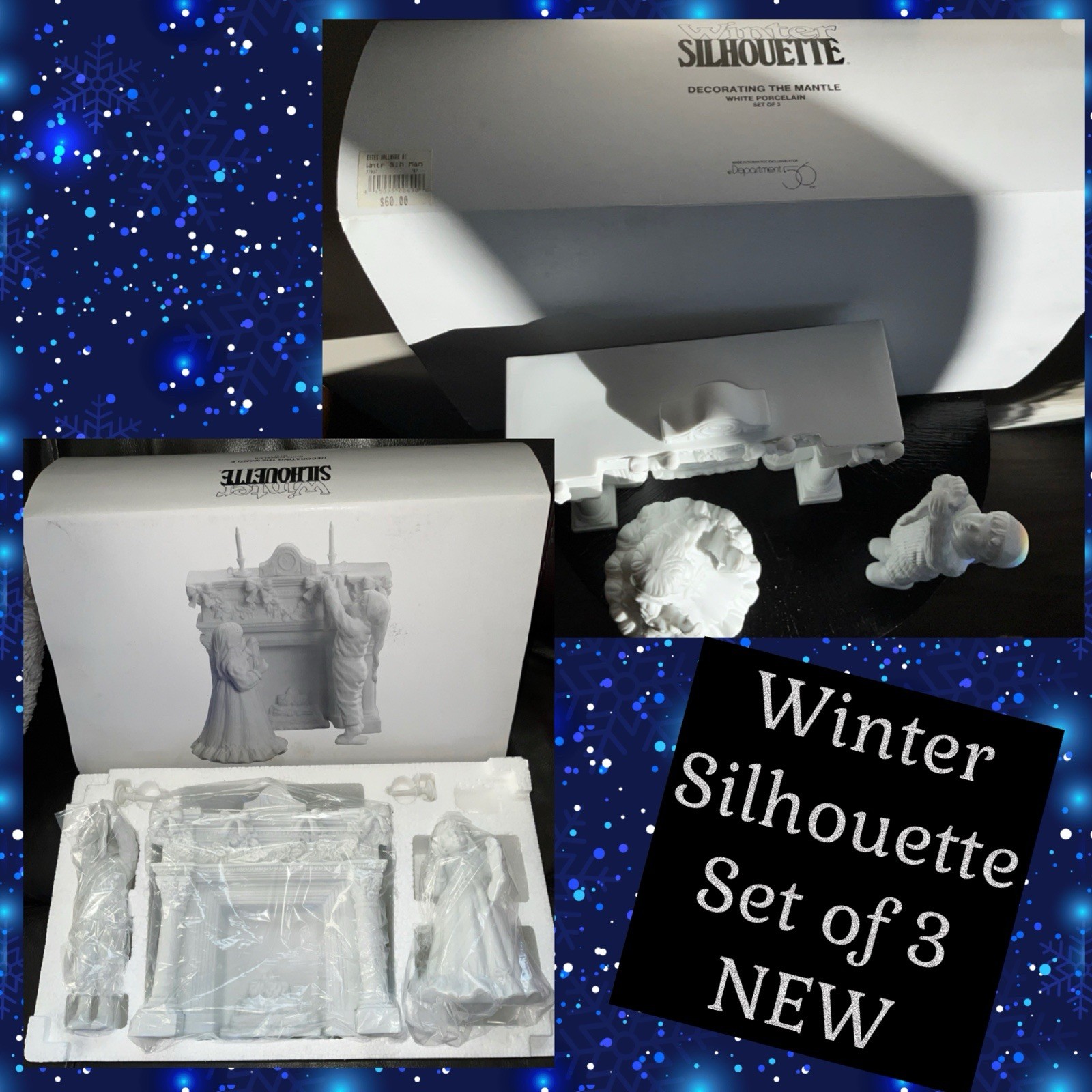 Department 56 WINTER SILHOUETTE “DECORATING THE MANTLE” Set Of 3 77917 NEW Nib X