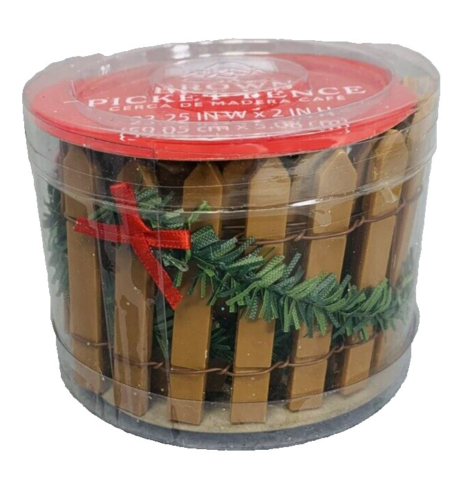 Christmas Village Brown Picket Fence Green Garland and Red Bow Holiday Time 23″