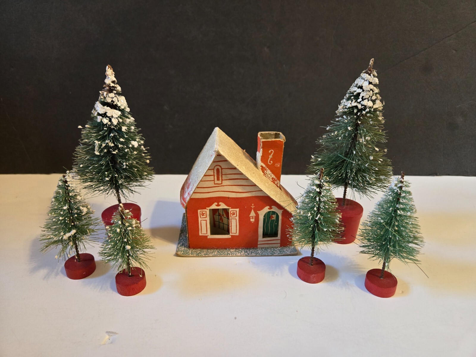 VTG PUTZ Cardboard Paper Mache Christmas House & Trees~MICA