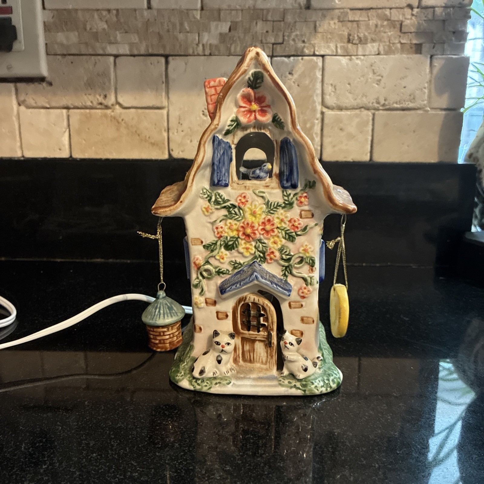 Vintage Whimsical Lighted Fairy Cottage House Bird Cat Flowers Cottagecore