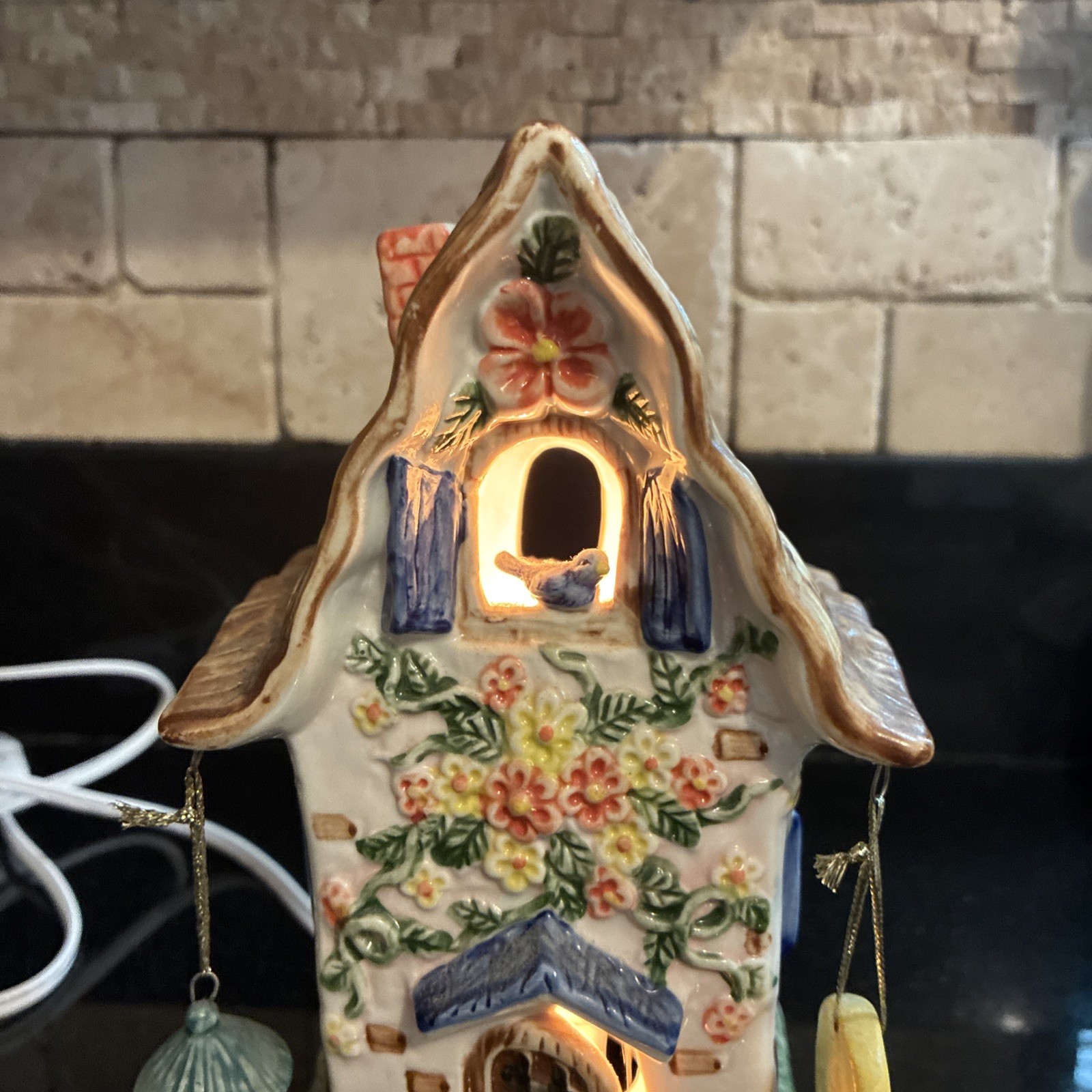 Vintage Whimsical Lighted Fairy Cottage House Bird Cat Flowers Cottagecore