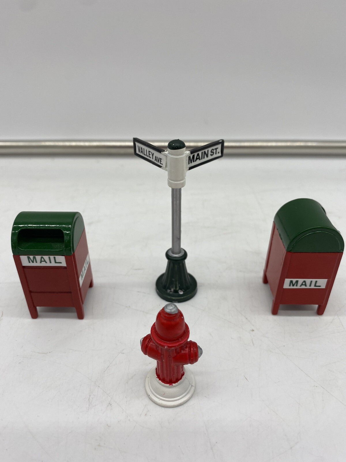 Christmas Village Decor 2 Mail Boxes Fire Hydrant Street Sign MAIN ST VALLEY AVE