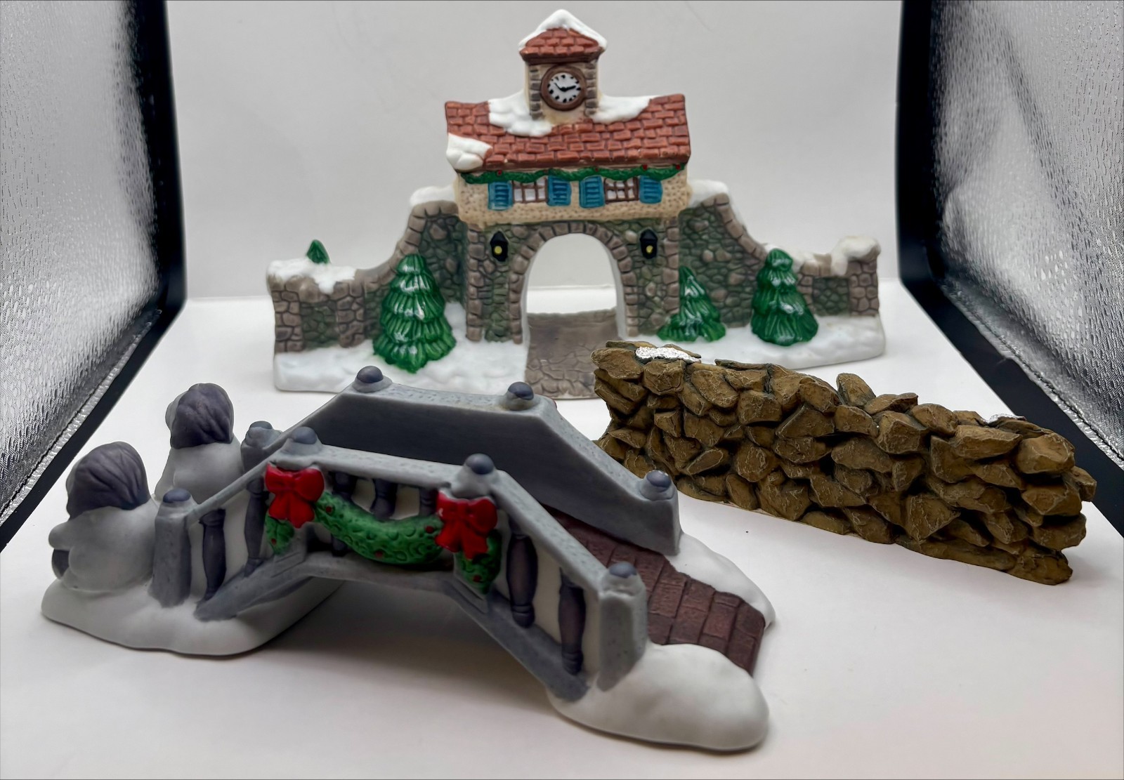 Lot of 3 Christmas Village Porcelain & Resin Clock Tower Gate, Bridge, Rock Wall