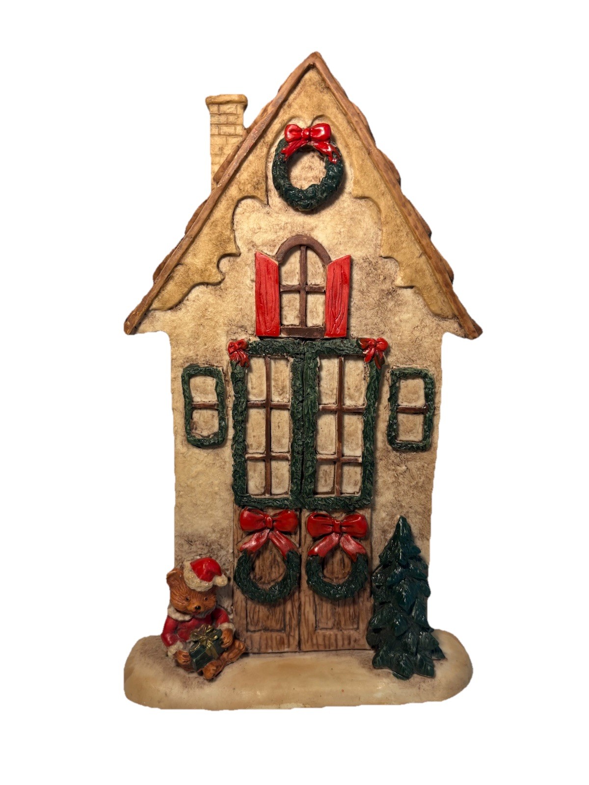 Christmas Decorated Village House With Bear Tree And Wreaths 9.5 inch
