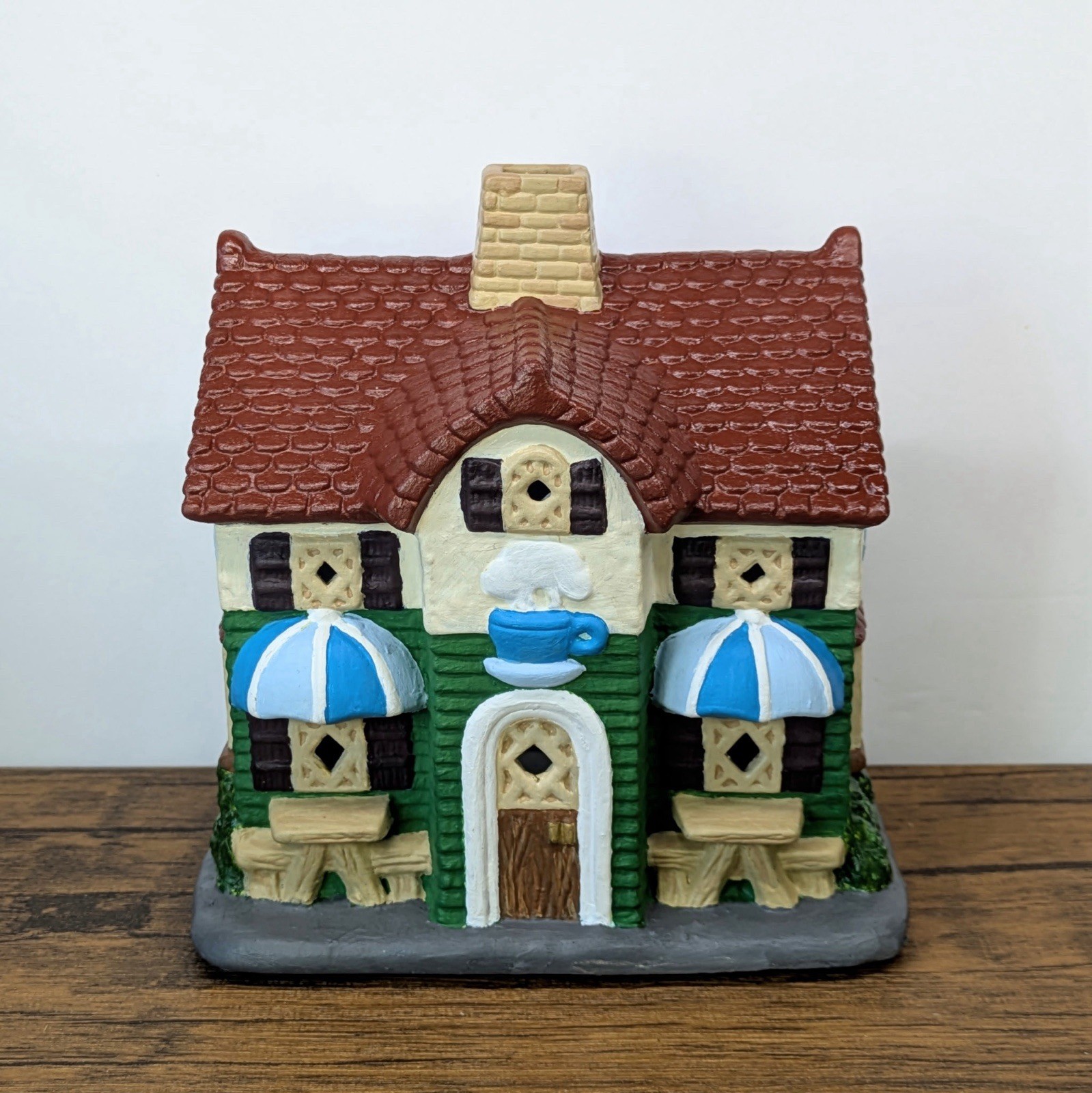 Ceramic Collectible Village House Figurine: Coffee Shop Theme Green/Beige