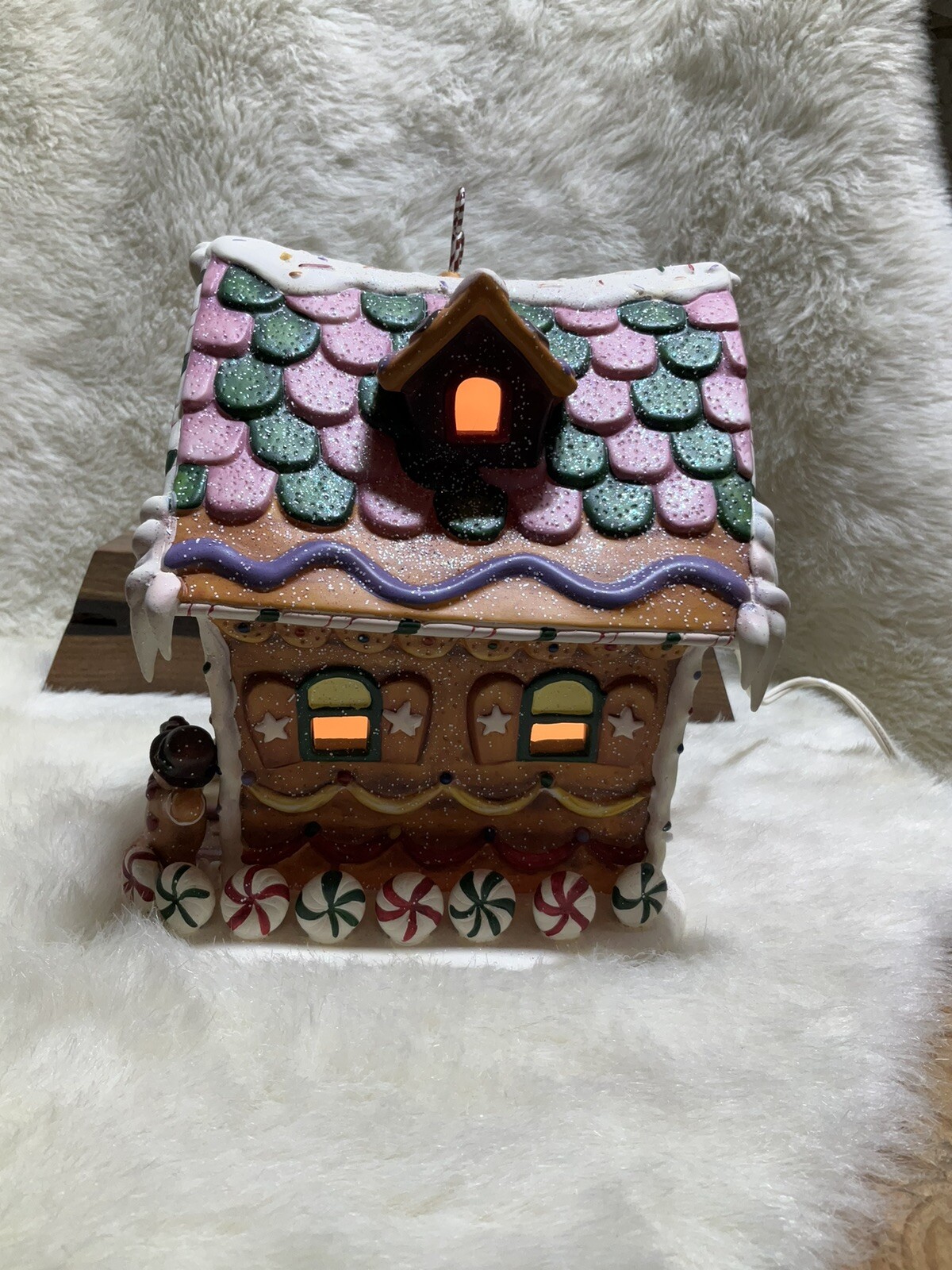 Vintage Hand painted Porcelain Lighted Gingerbread House Christmas Decoration