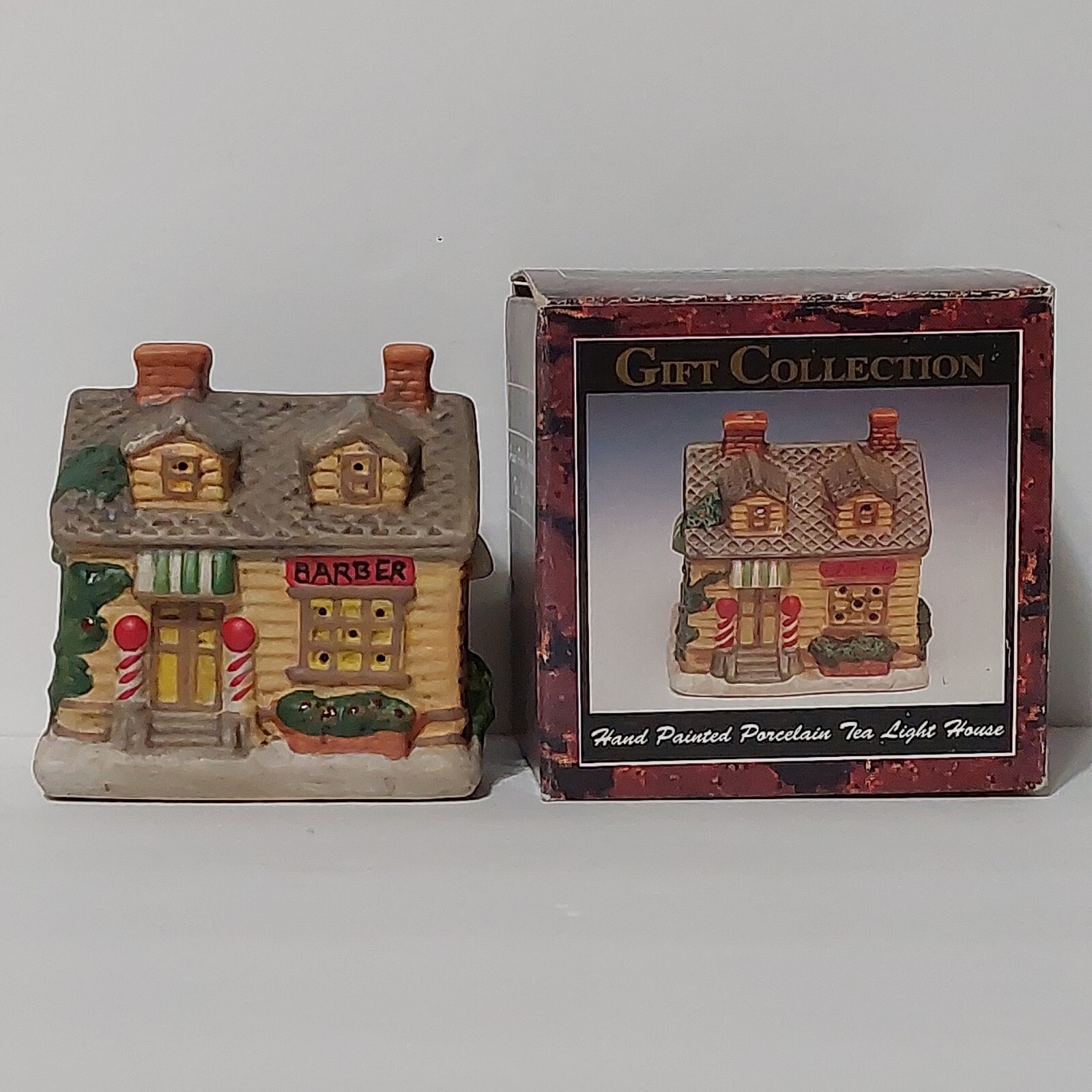 Gift Collection Hand Painted Porcelain Tea Light House Small Town Barber Shop