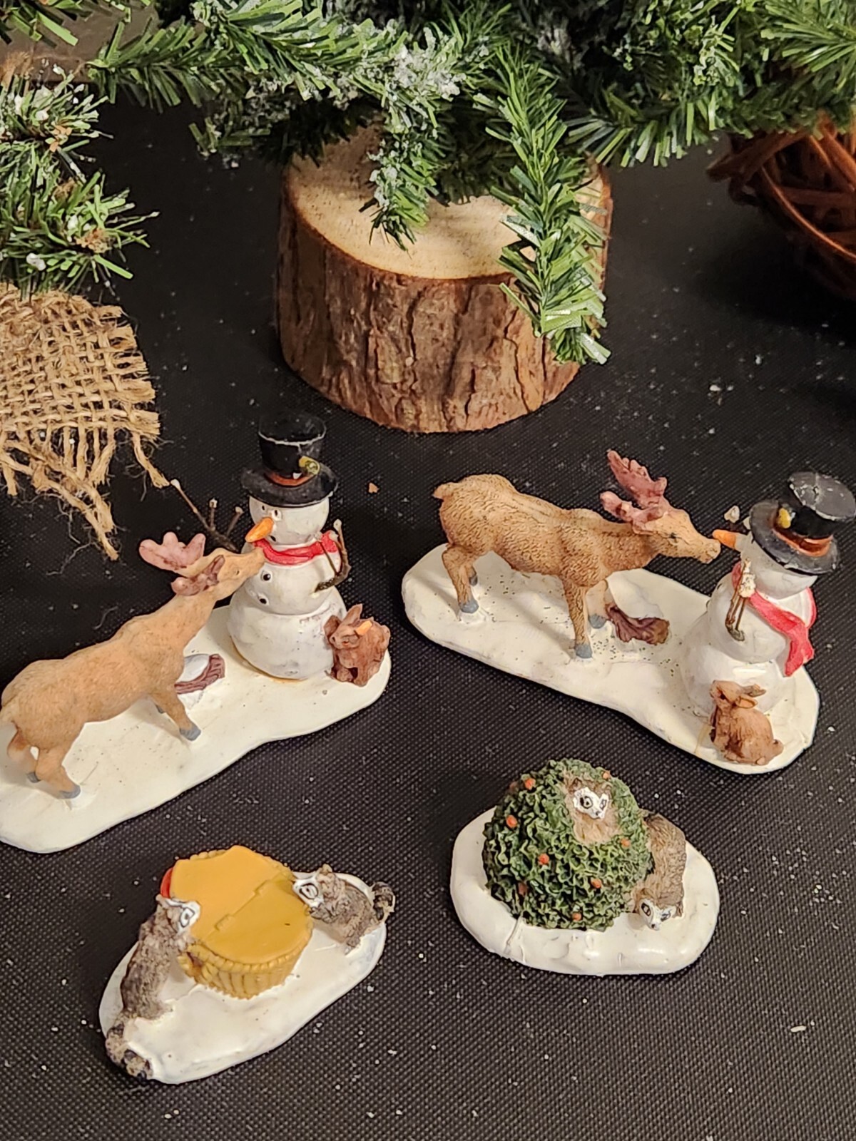 Pair Of 2007 Lemax Christmas Winter Village Snack Time Snowman Reindeer #72405 +