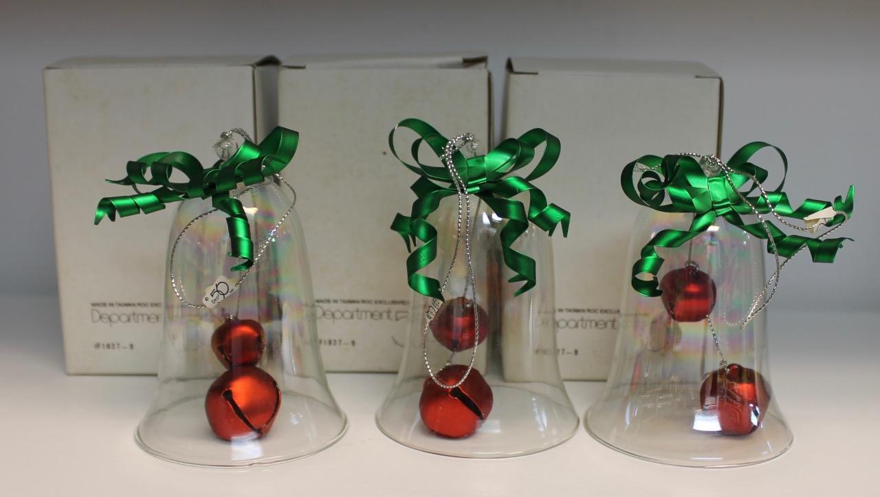 Dept 56 Lot of 3 Crystal Bells with Red Balls and Green Ribbon 4″ in Orig Boxes