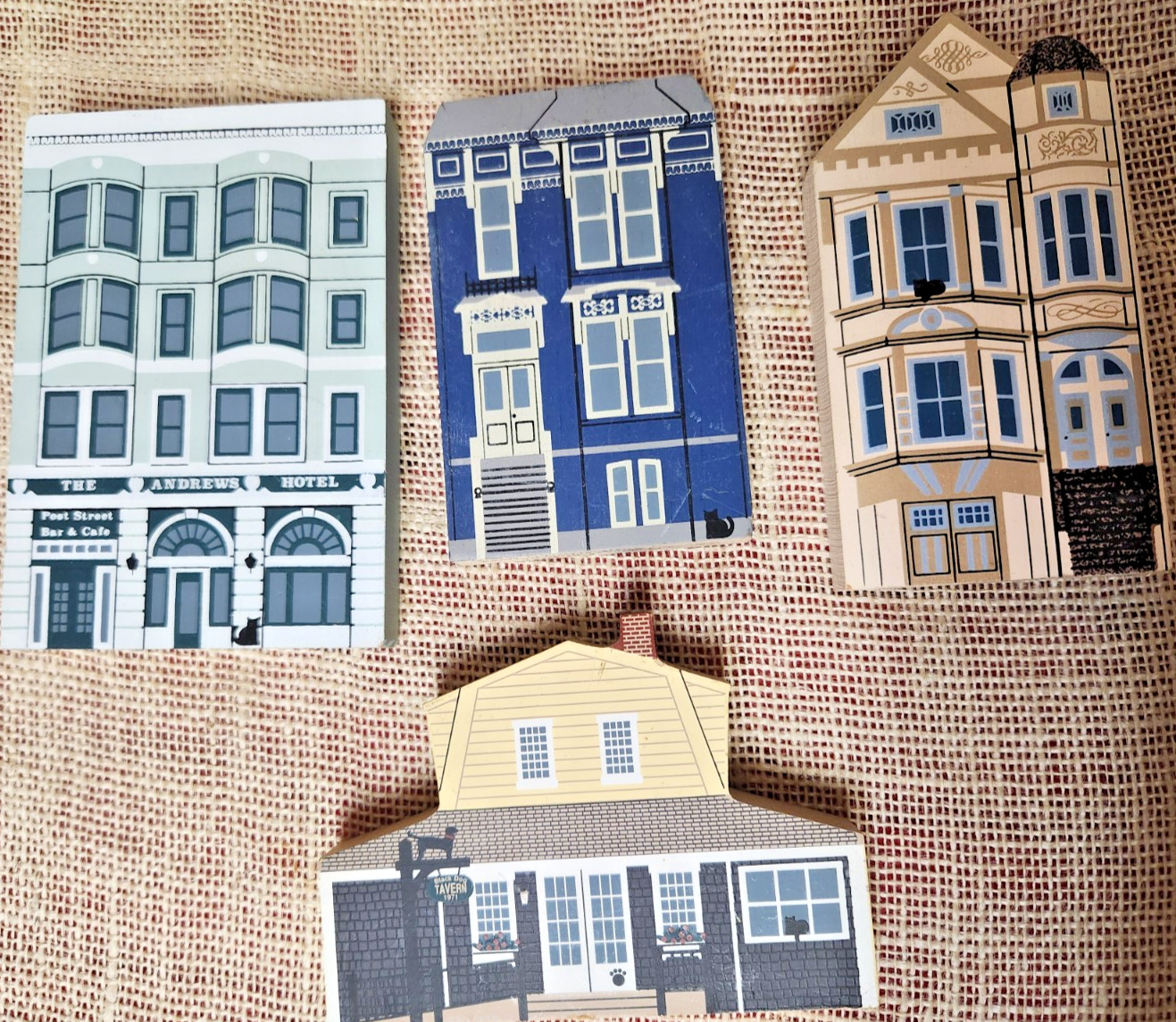 The Cats Meow Collectible Houses & Businesses, 1980s & 1990s, lot of 4, signed