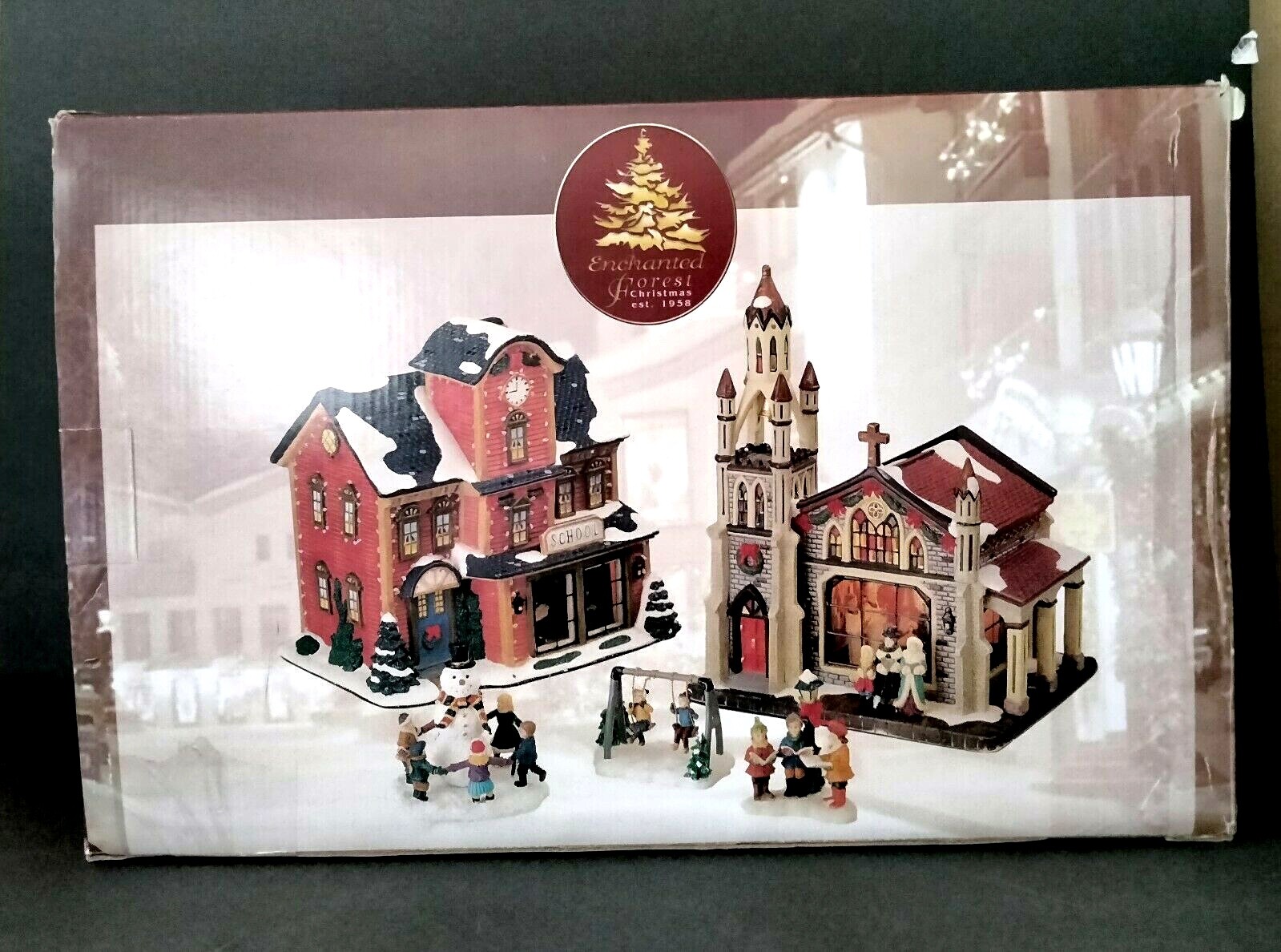 Enchanted Forest 2003 5 pc Lit Christmas Village School and Church, Figures